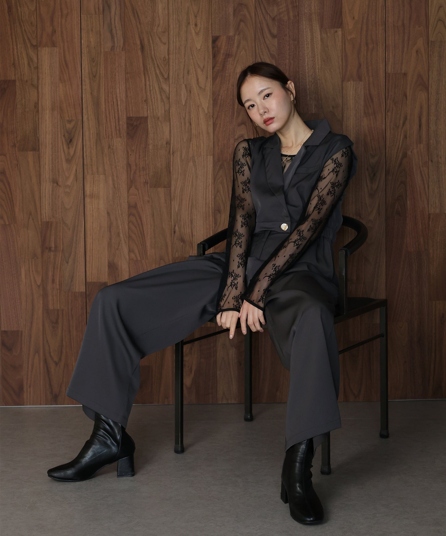 テーラードオールインワンパンツドレス+ジャガードチュールトップスSET