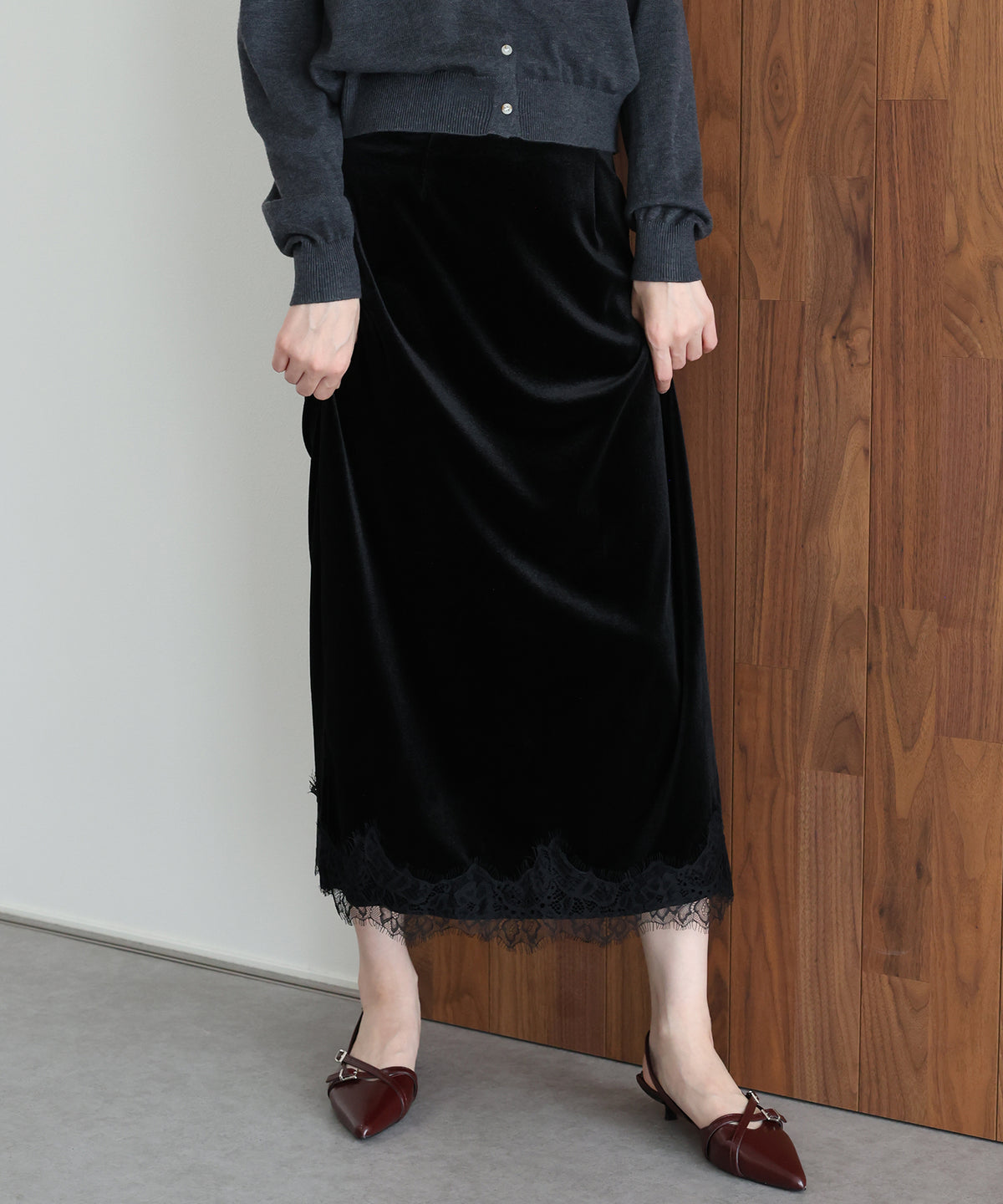【早割5％OFF】《2サイズ展開》ヘムレースベロアスカート