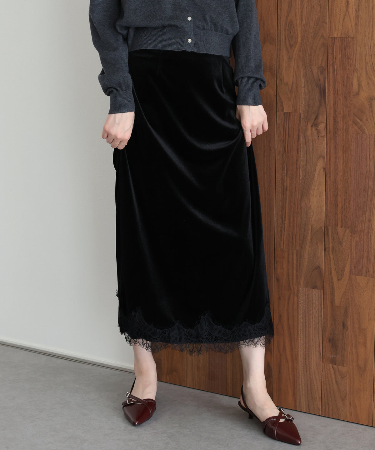 《2サイズ展開》ヘムレースベロアスカート