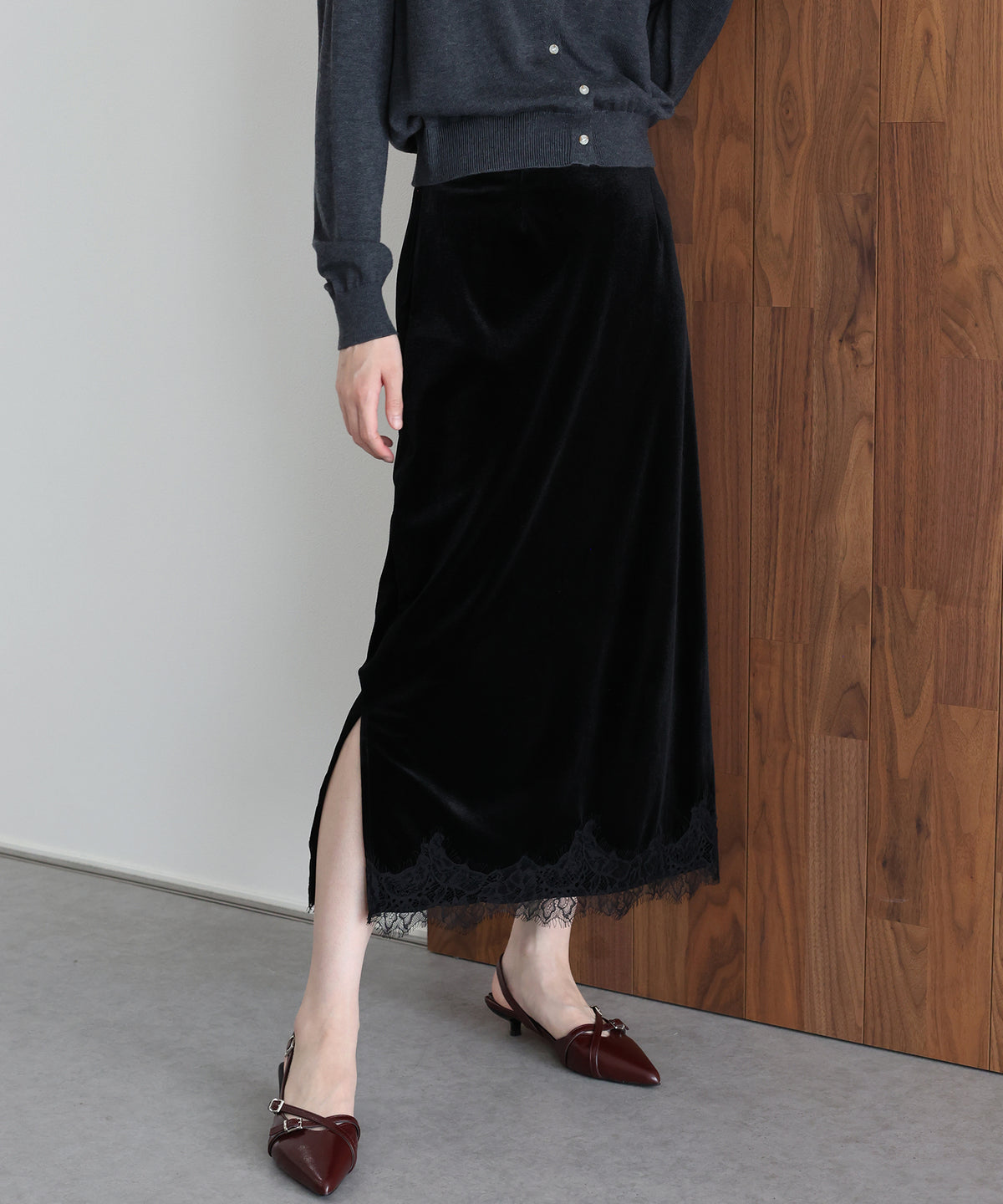 《2サイズ展開》ヘムレースベロアスカート