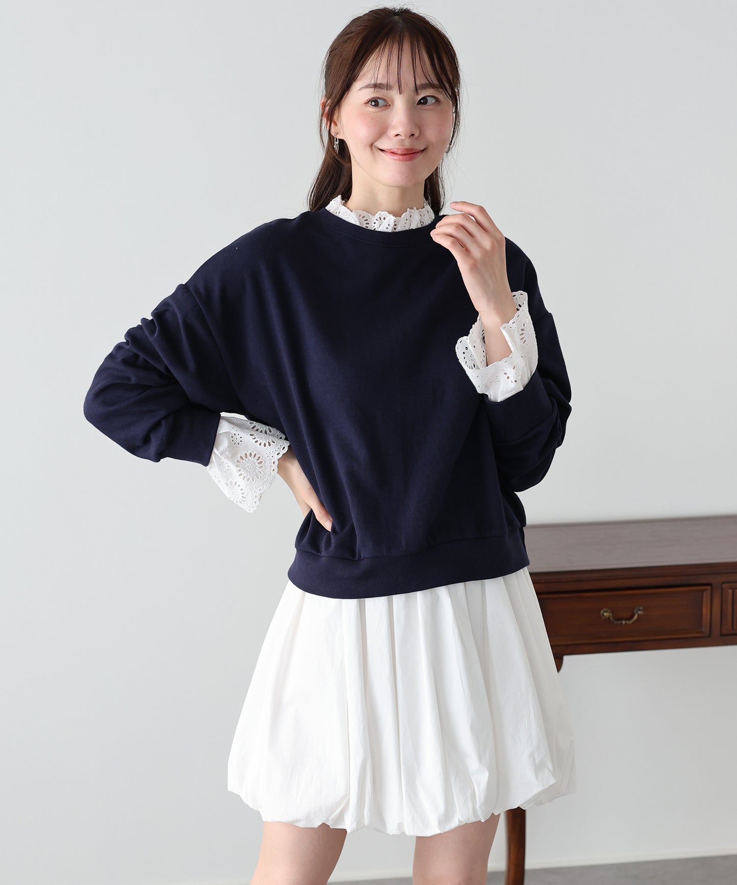 コットンレースレイヤードスウェット