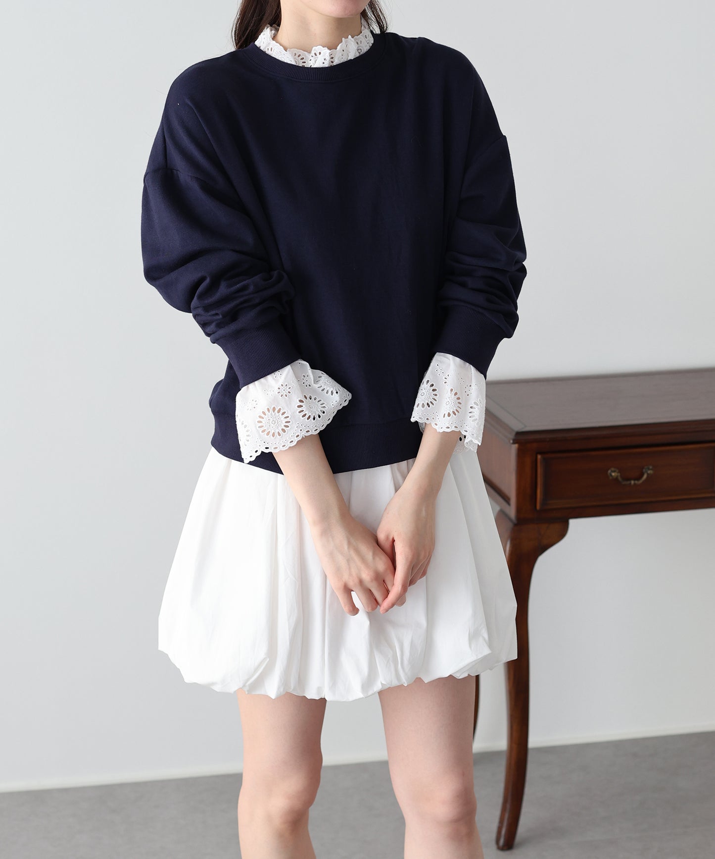 コットンレースレイヤードスウェット