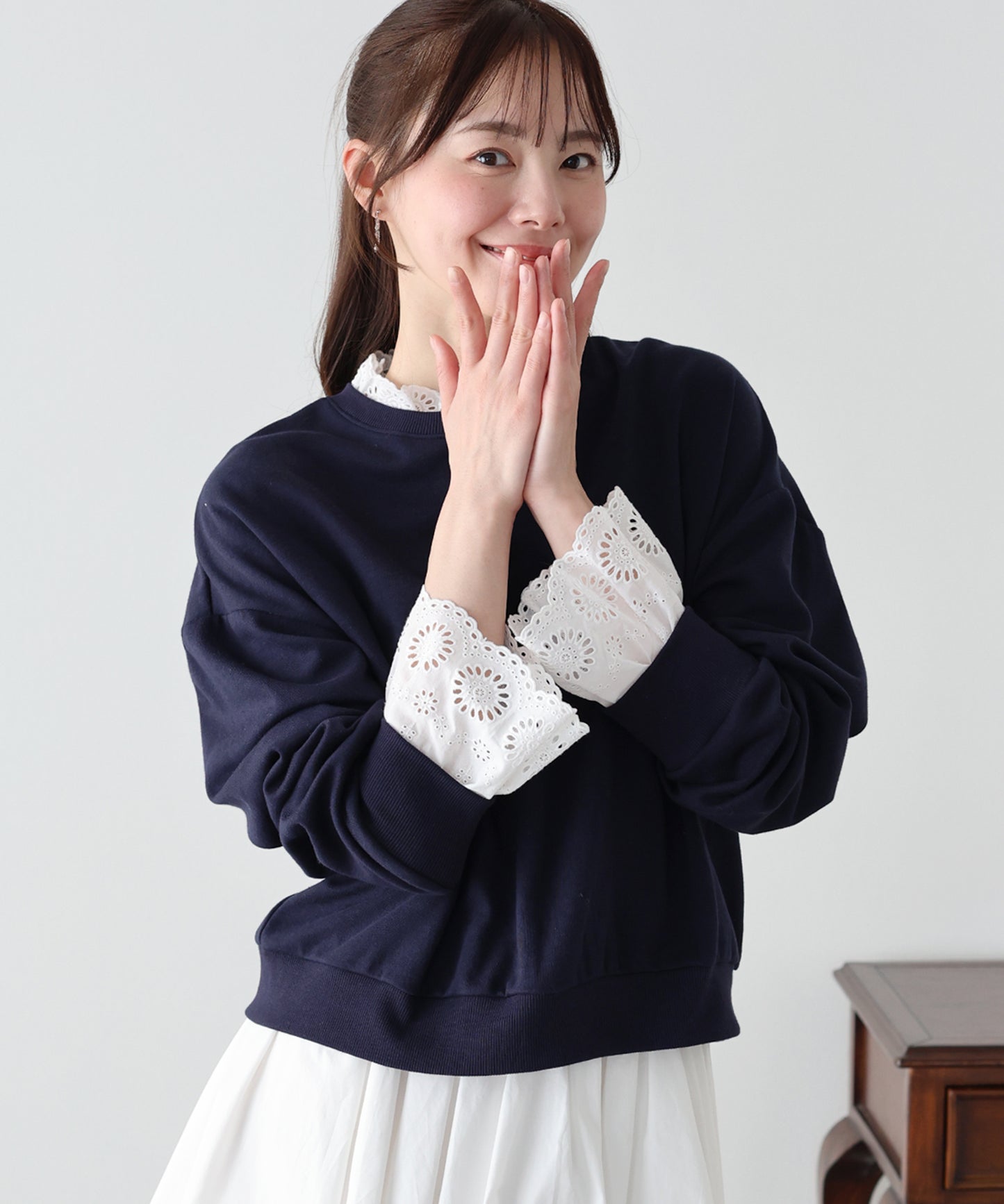 コットンレースレイヤードスウェット