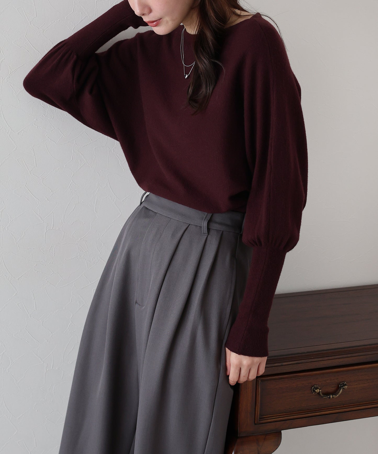 ウール混ボリュームスリーブドルマンニット