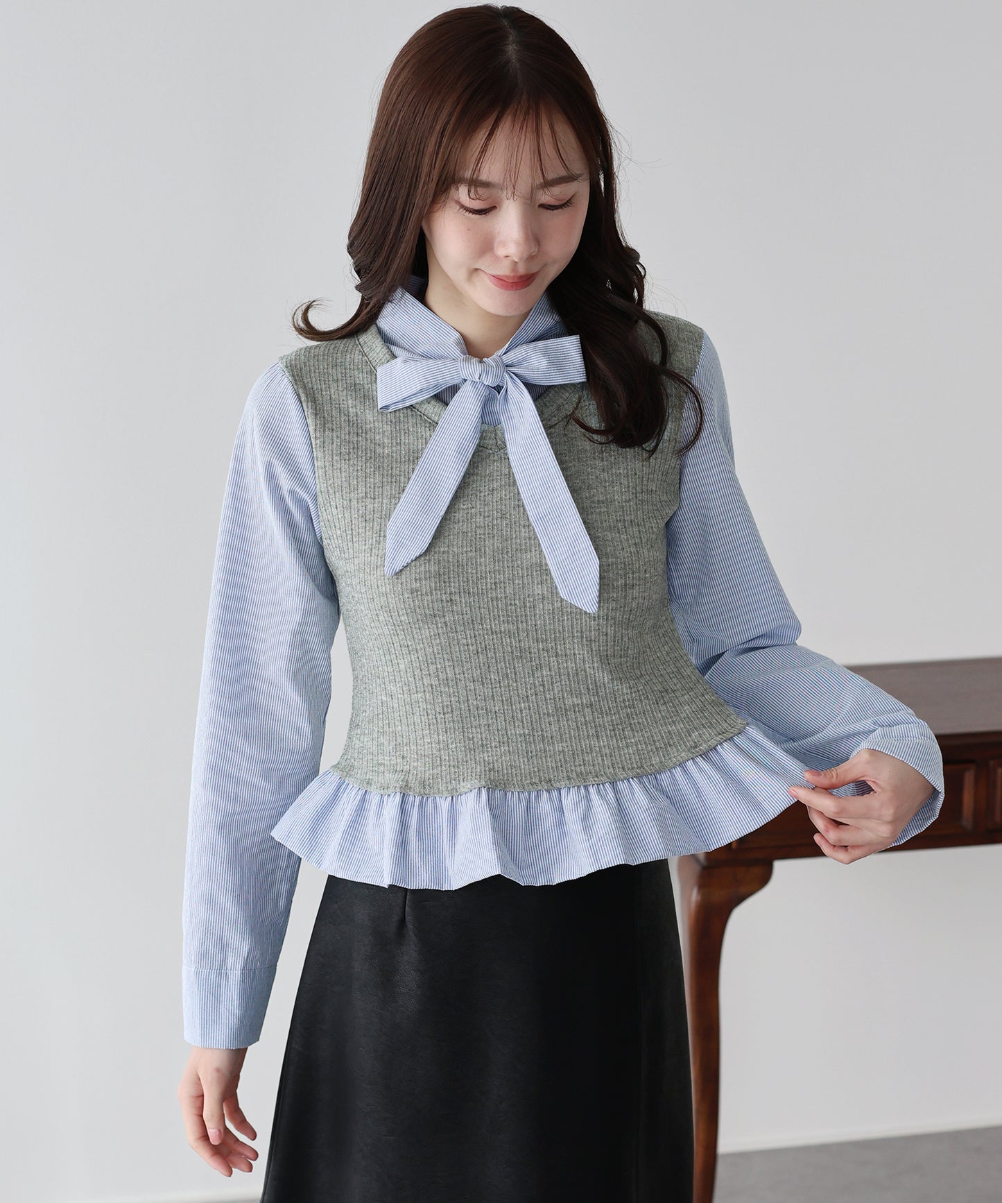 【早割5％OFF】ボウタイシャツドッキングカットソー