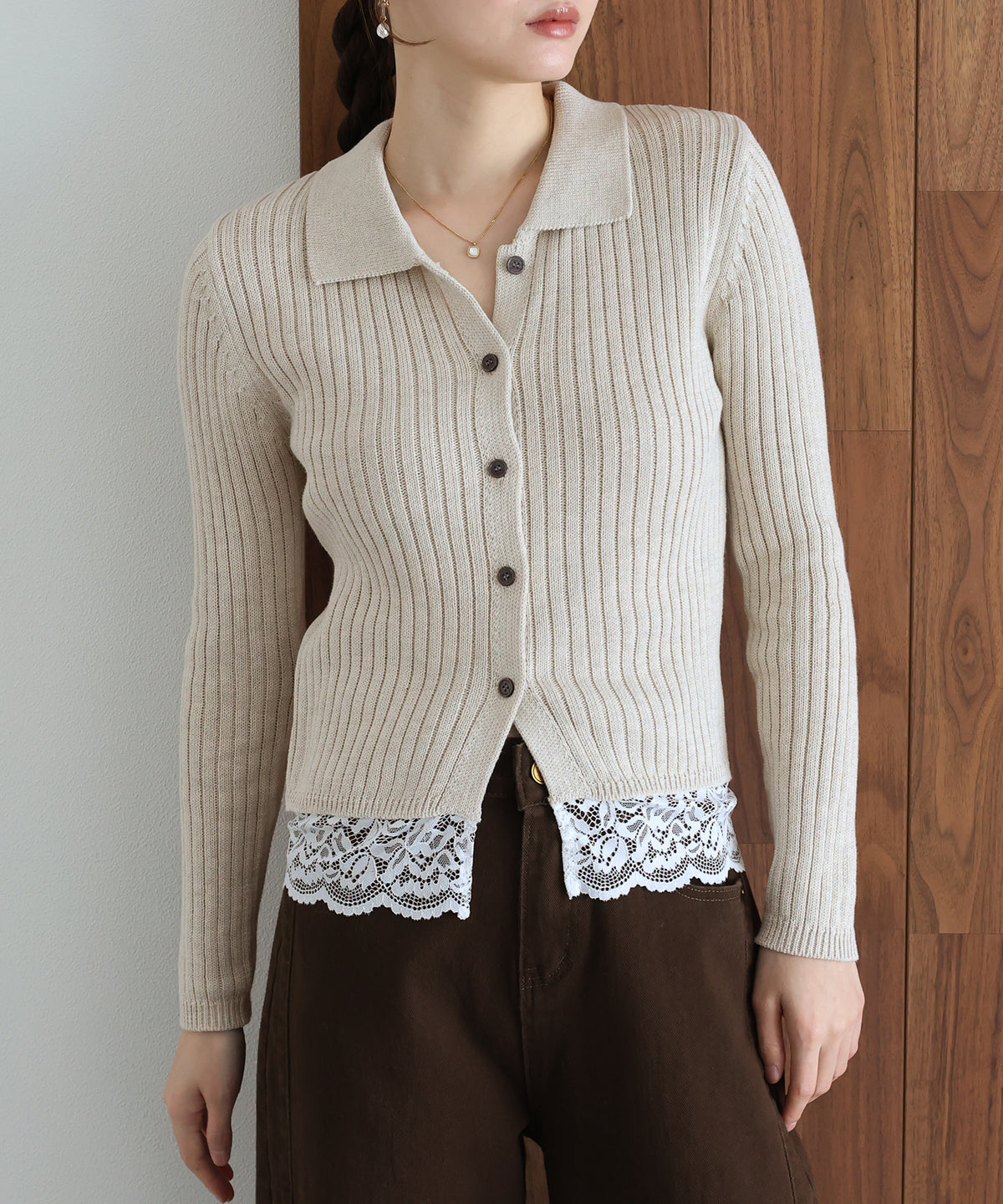 【早割5％OFF】レースヘムリブポロミックスニット