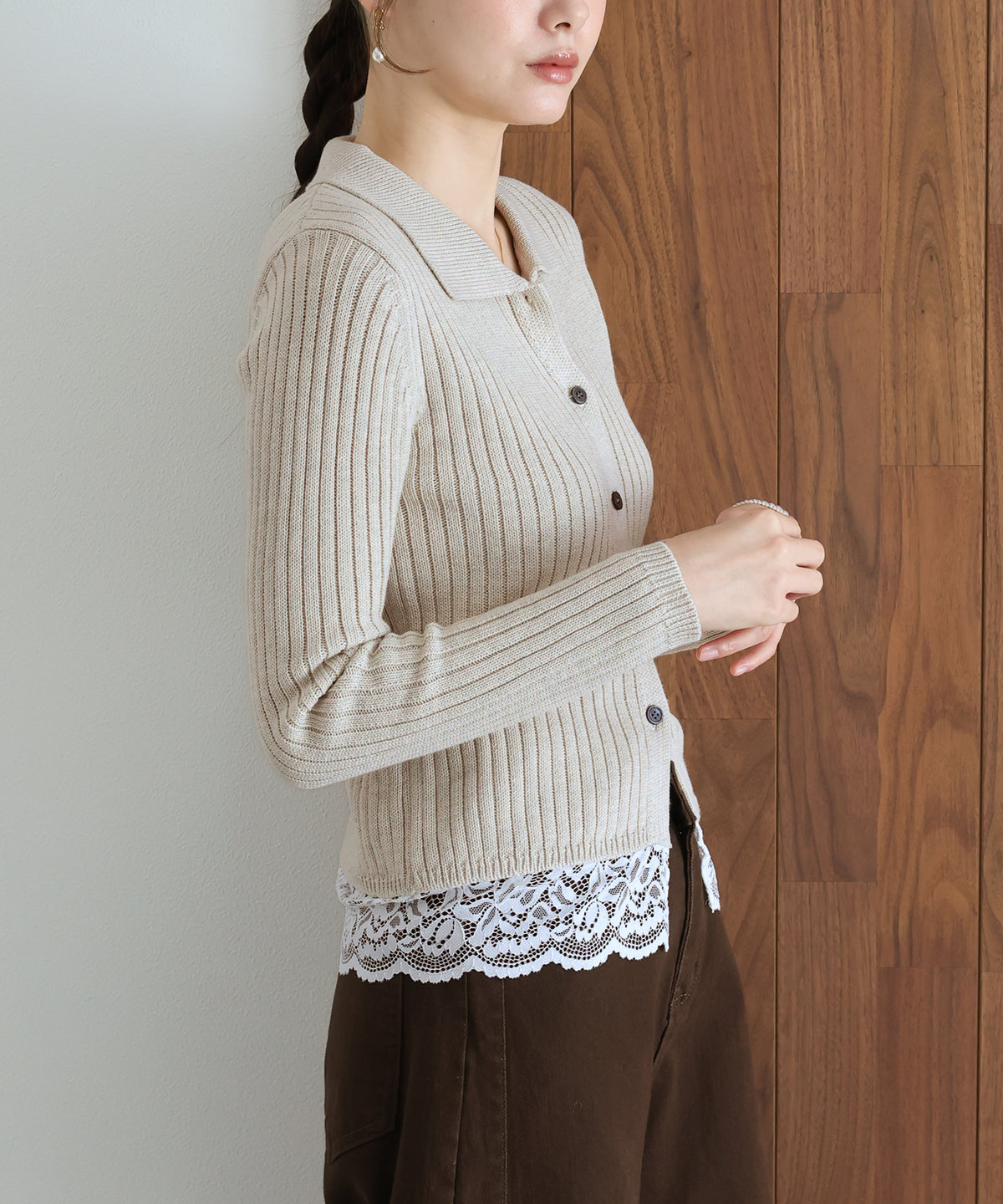 【早割5％OFF】レースヘムリブポロミックスニット