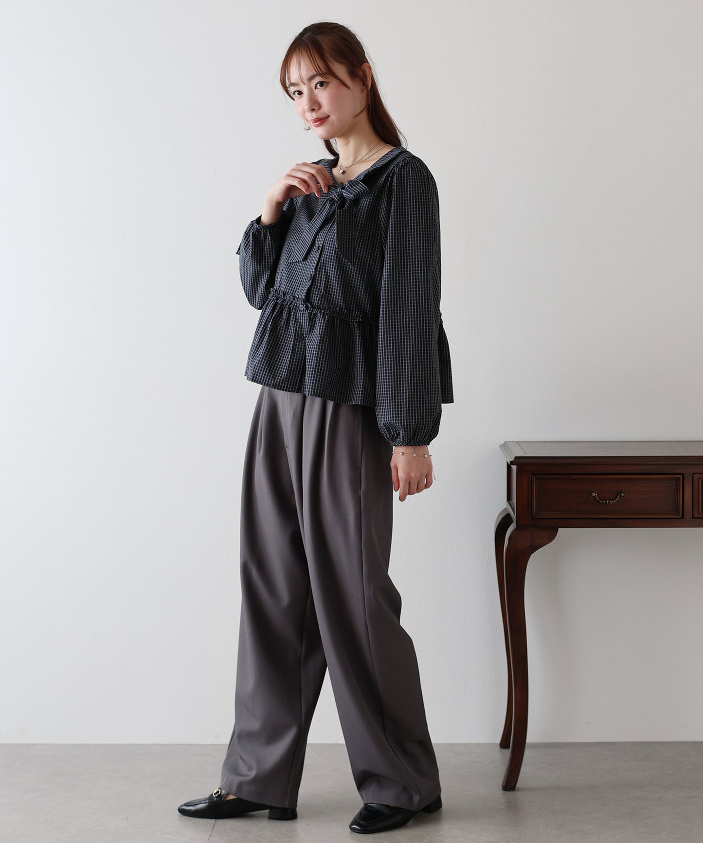 【TIME SALE】チェックリボンペプラムブラウス【ネコポス】