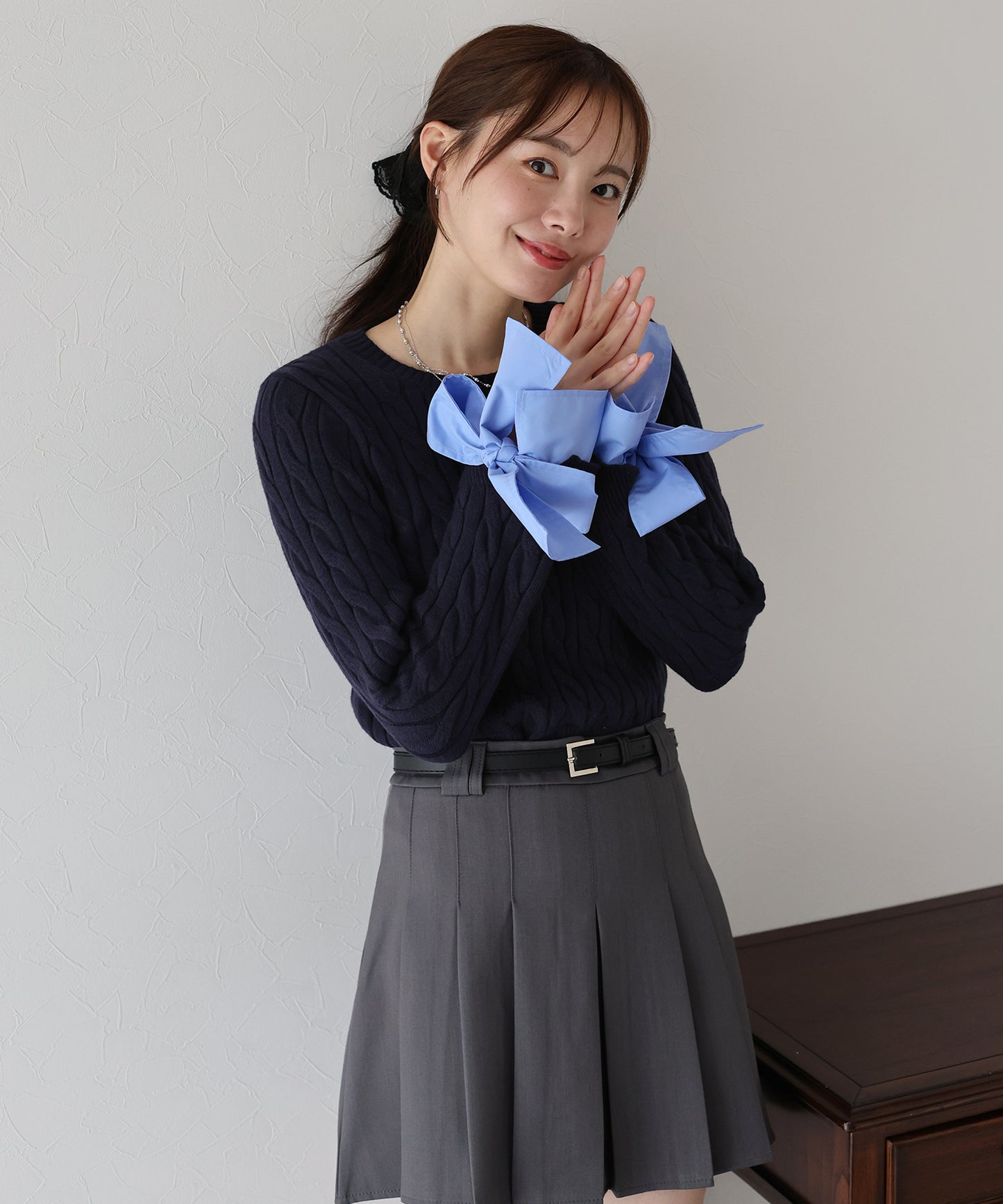 【早割5％OFF】リボン袖ドッキングケーブルニット