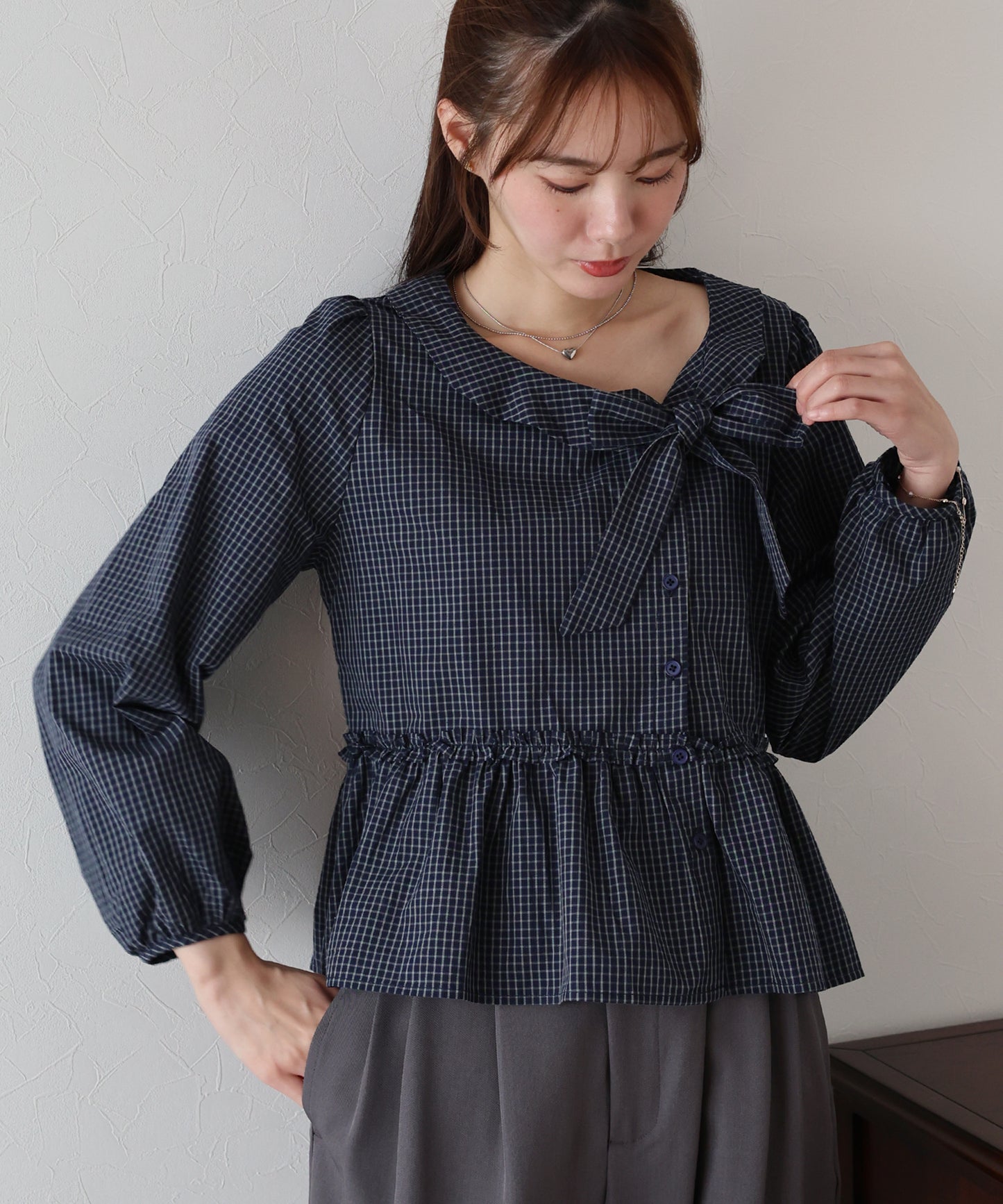 【TIME SALE】チェックリボンペプラムブラウス【ネコポス】