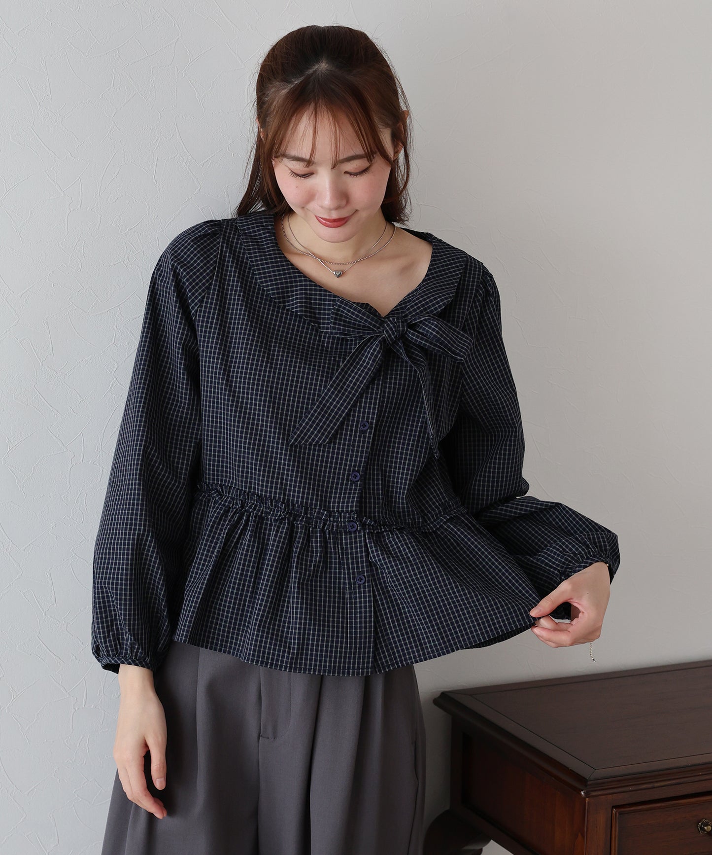 【早割5％OFF】チェックリボンペプラムブラウス【ネコポス】