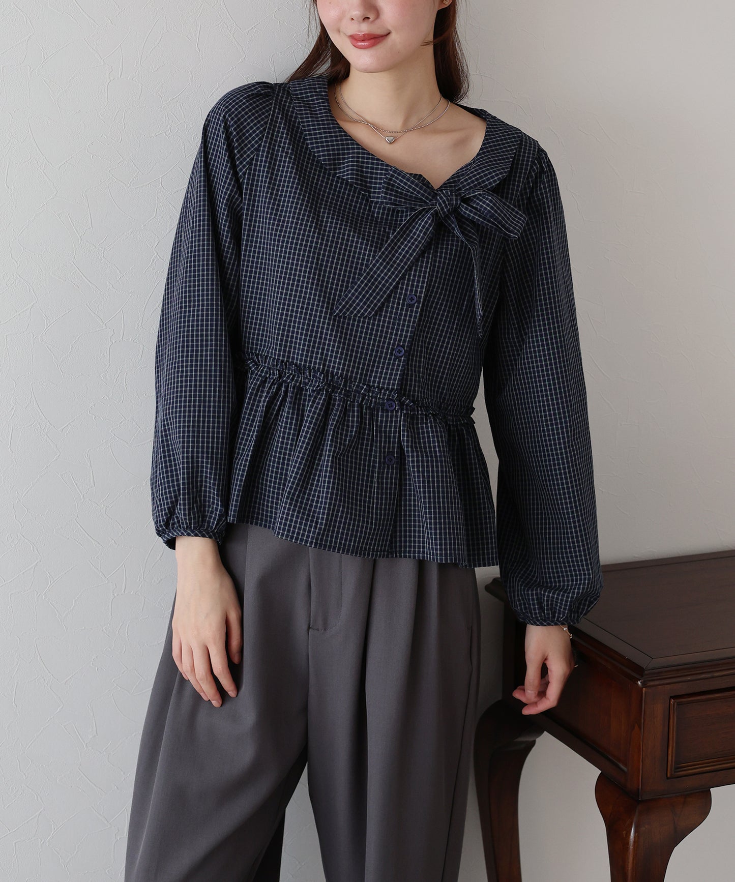 【TIME SALE】チェックリボンペプラムブラウス【ネコポス】