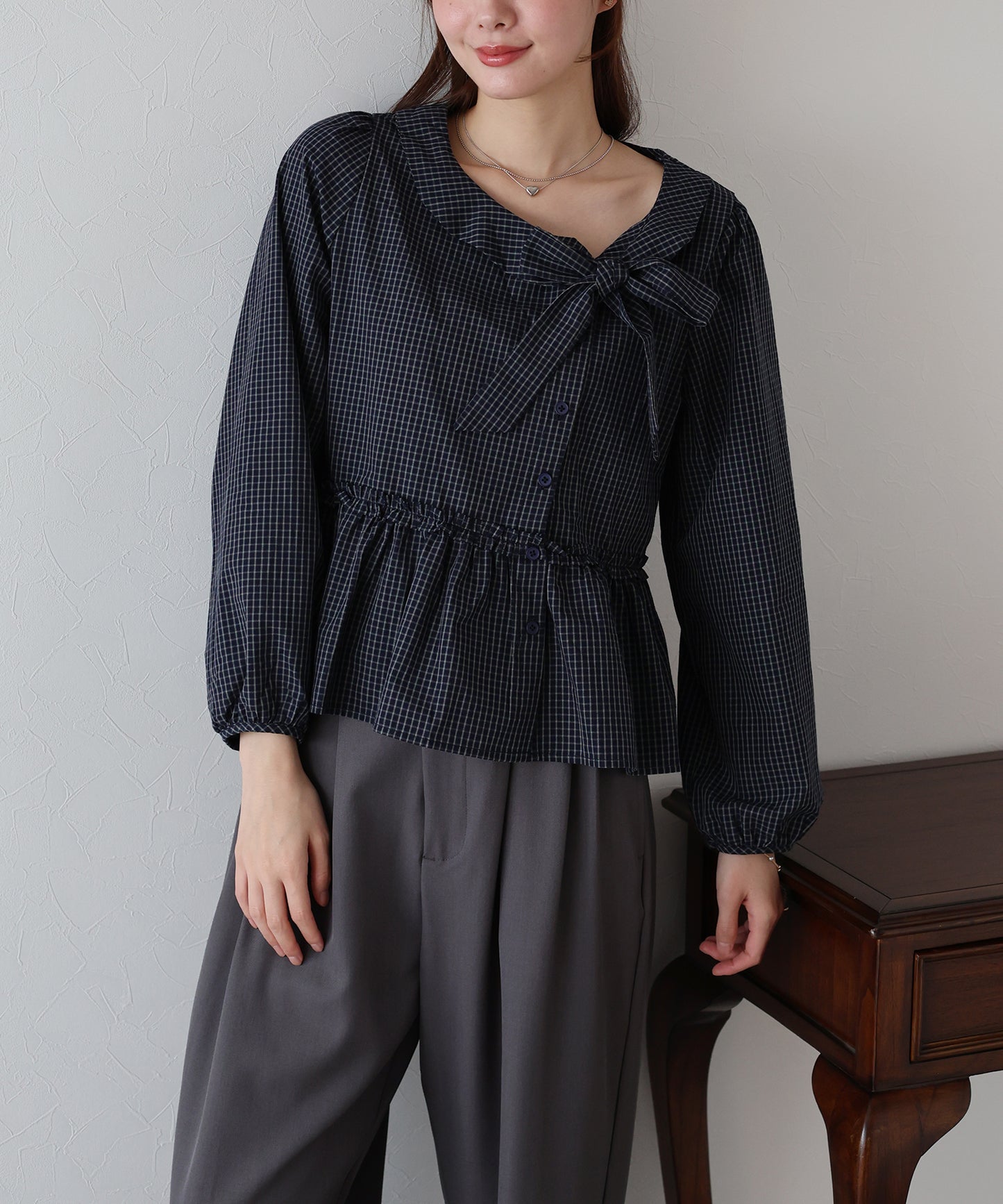 【早割5％OFF】チェックリボンペプラムブラウス【ネコポス】