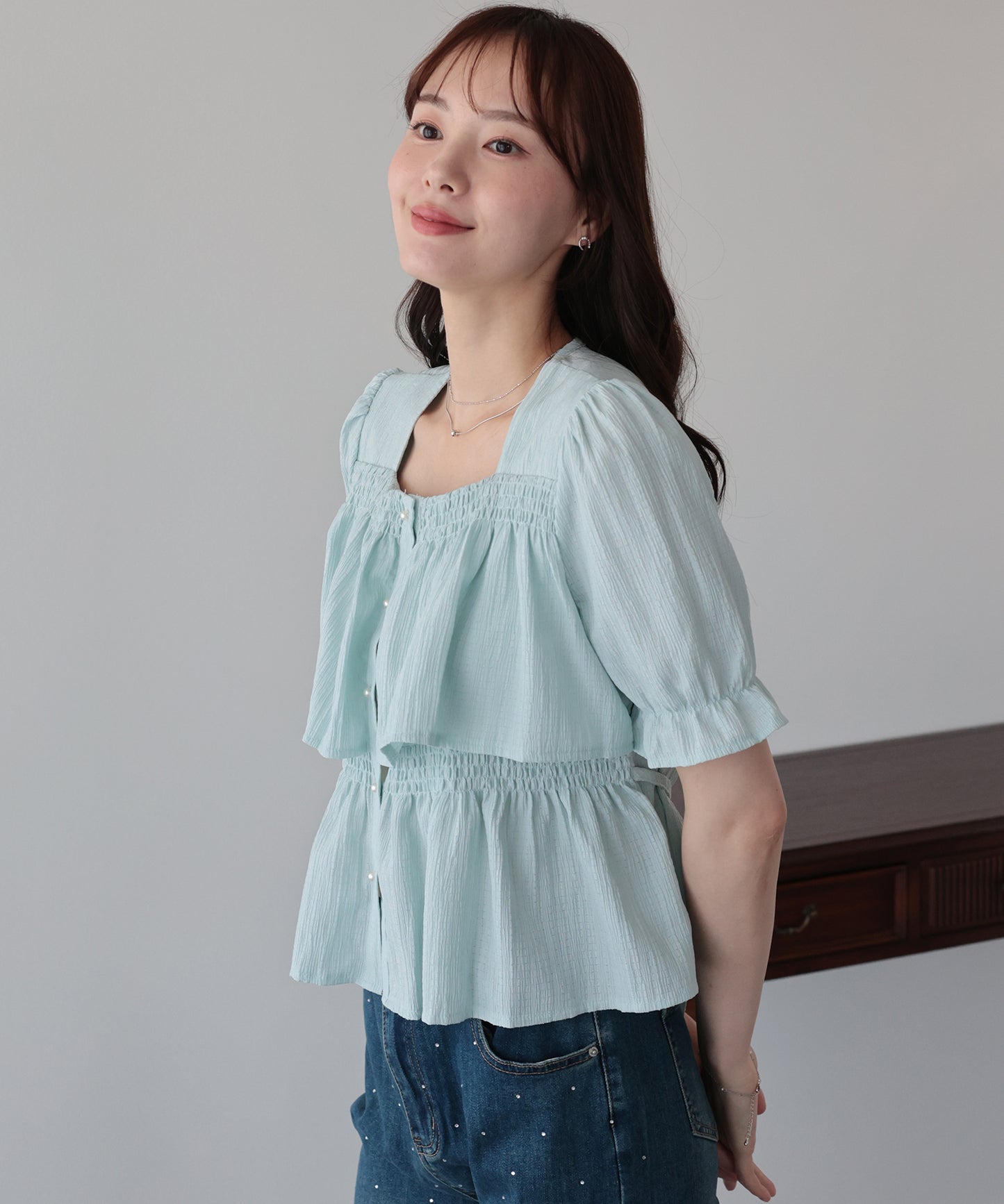 【早割5％OFF】バックリボンスクエアティアードブラウス【メール便】