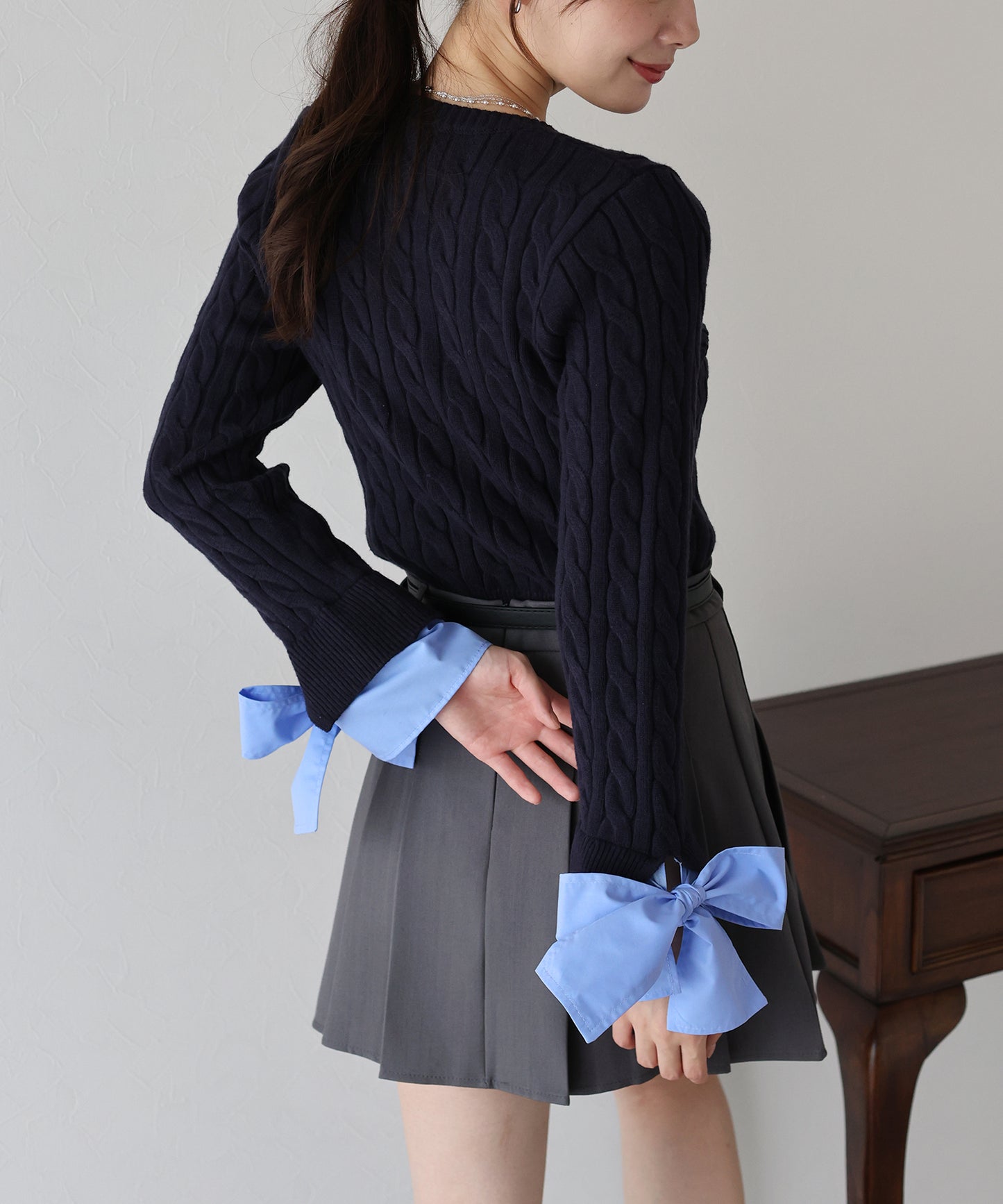 【早割5％OFF】リボン袖ドッキングケーブルニット