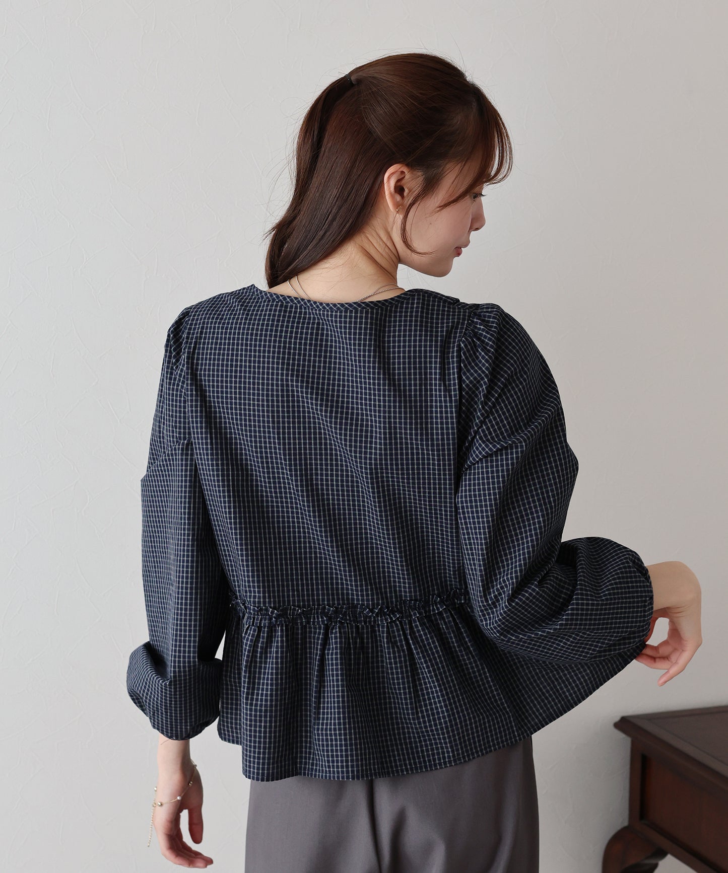 【TIME SALE】チェックリボンペプラムブラウス【ネコポス】