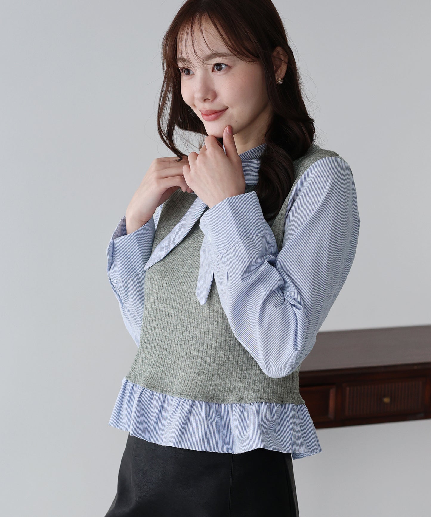 【早割5％OFF】ボウタイシャツドッキングカットソー