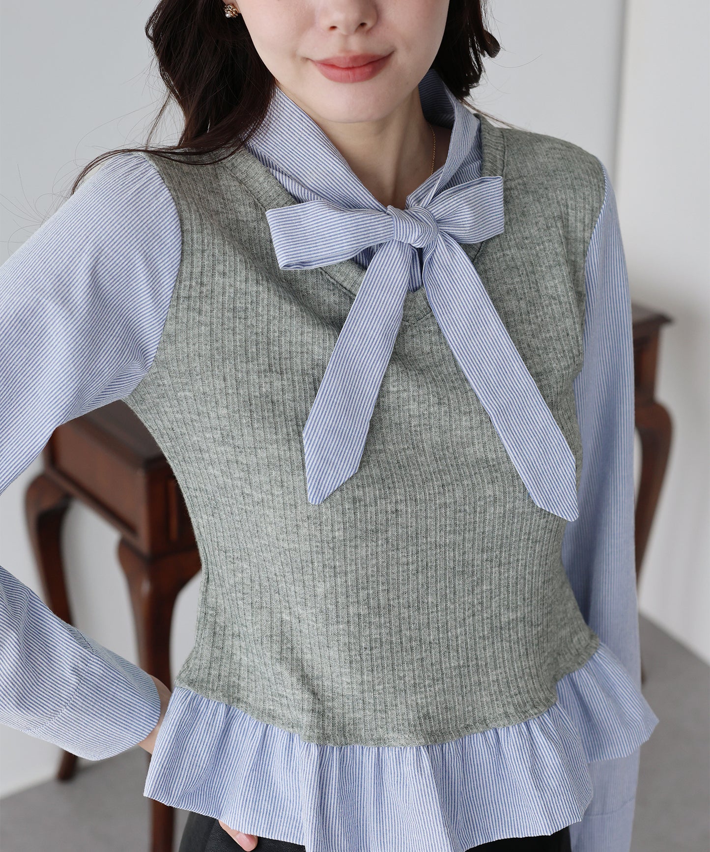 【早割5％OFF】ボウタイシャツドッキングカットソー