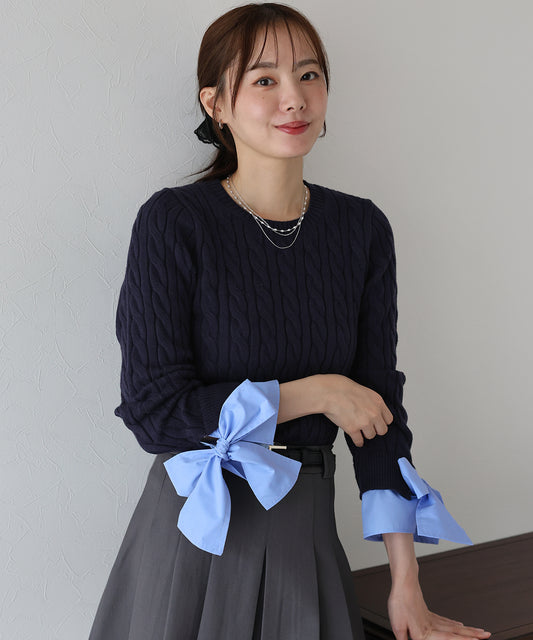【早割5％OFF】リボン袖ドッキングケーブルニット