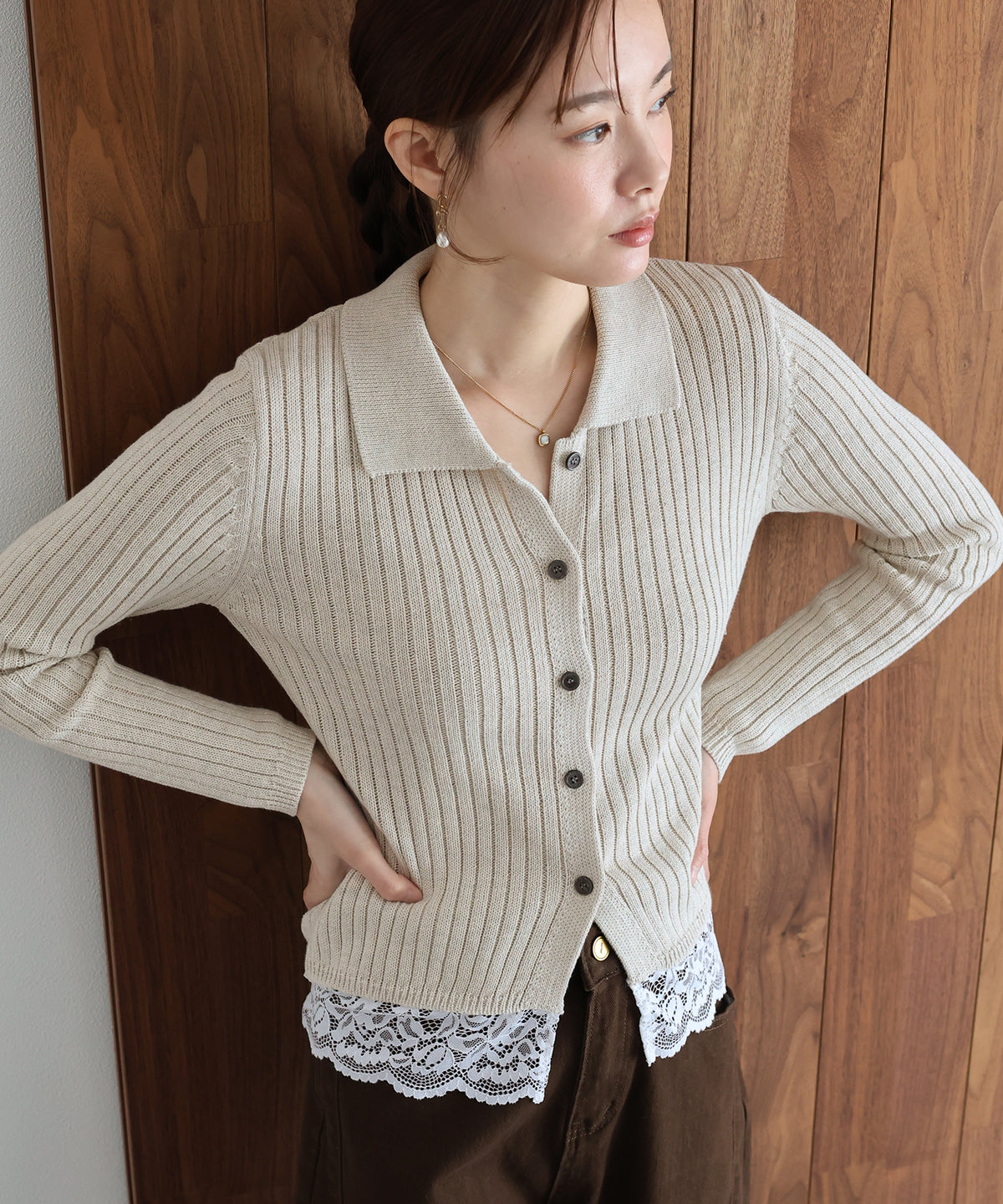 【早割5％OFF】レースヘムリブポロミックスニット