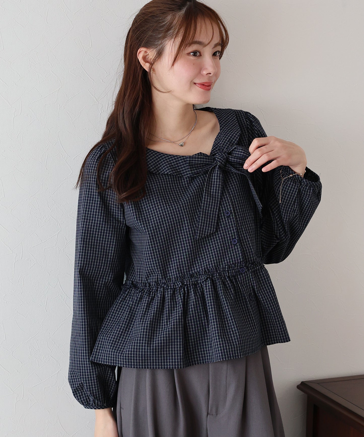 【TIME SALE】チェックリボンペプラムブラウス【ネコポス】