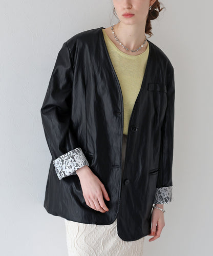 【SALE】レース切替ノーカラーレザージャケット[J by blue]