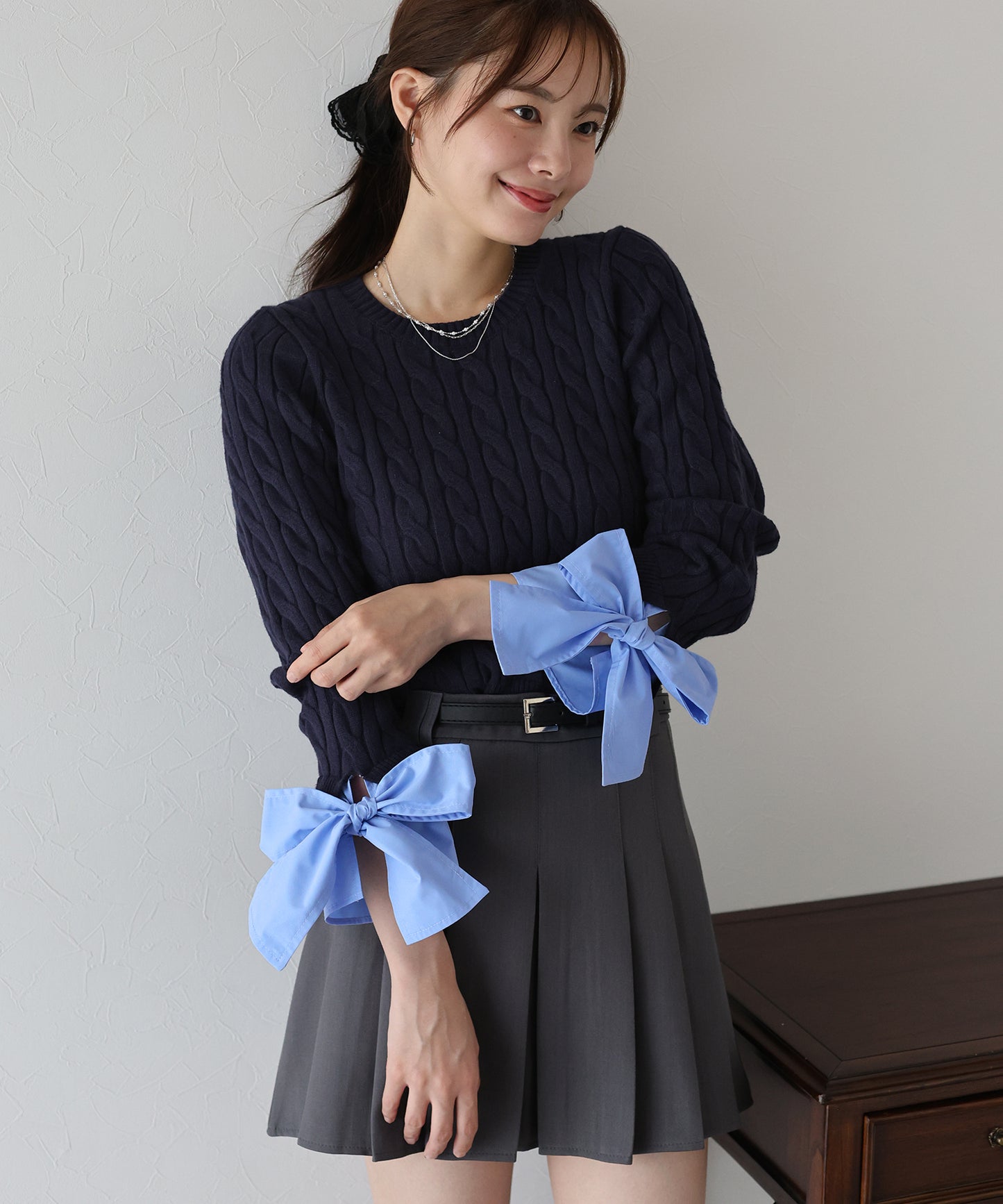 【早割5％OFF】リボン袖ドッキングケーブルニット
