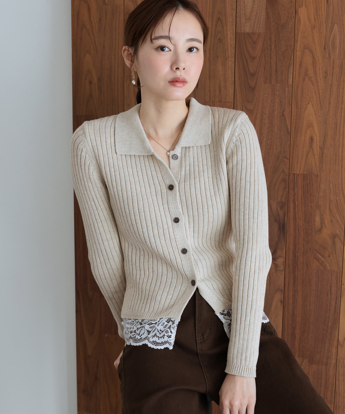 【早割5％OFF】レースヘムリブポロミックスニット