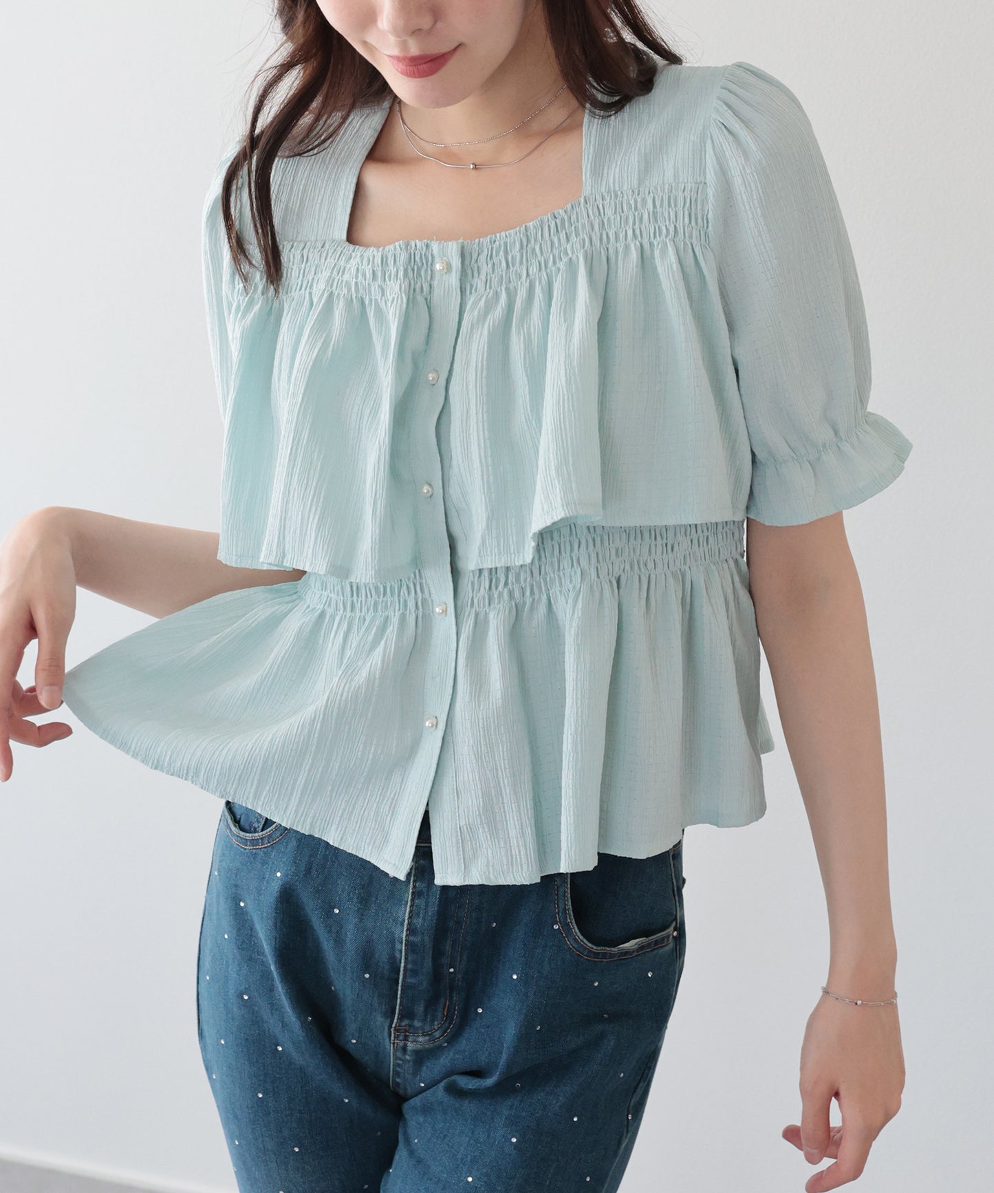 【早割5％OFF】バックリボンスクエアティアードブラウス【メール便】