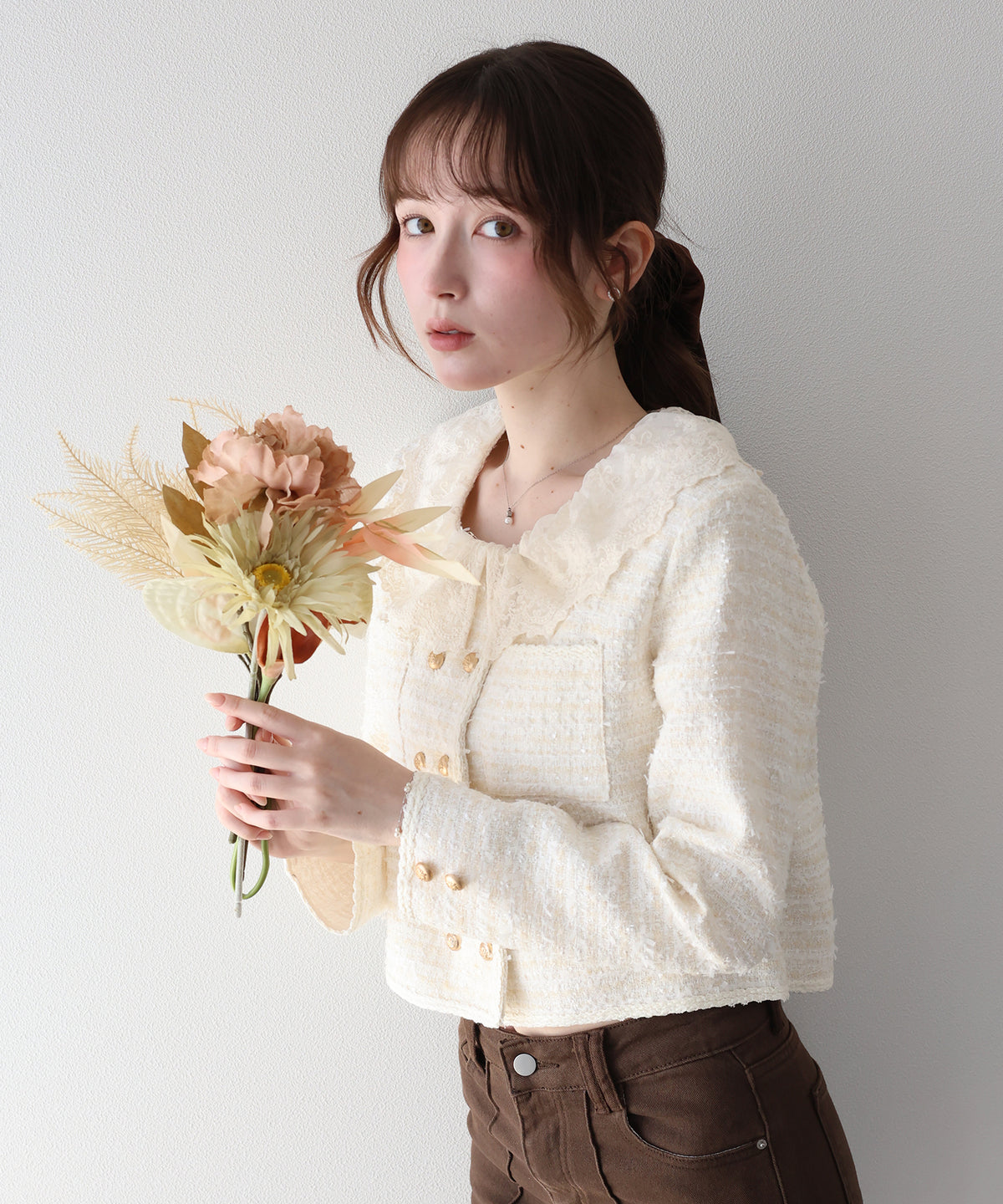 【早割5％OFF】レース襟ツイードジャケット
