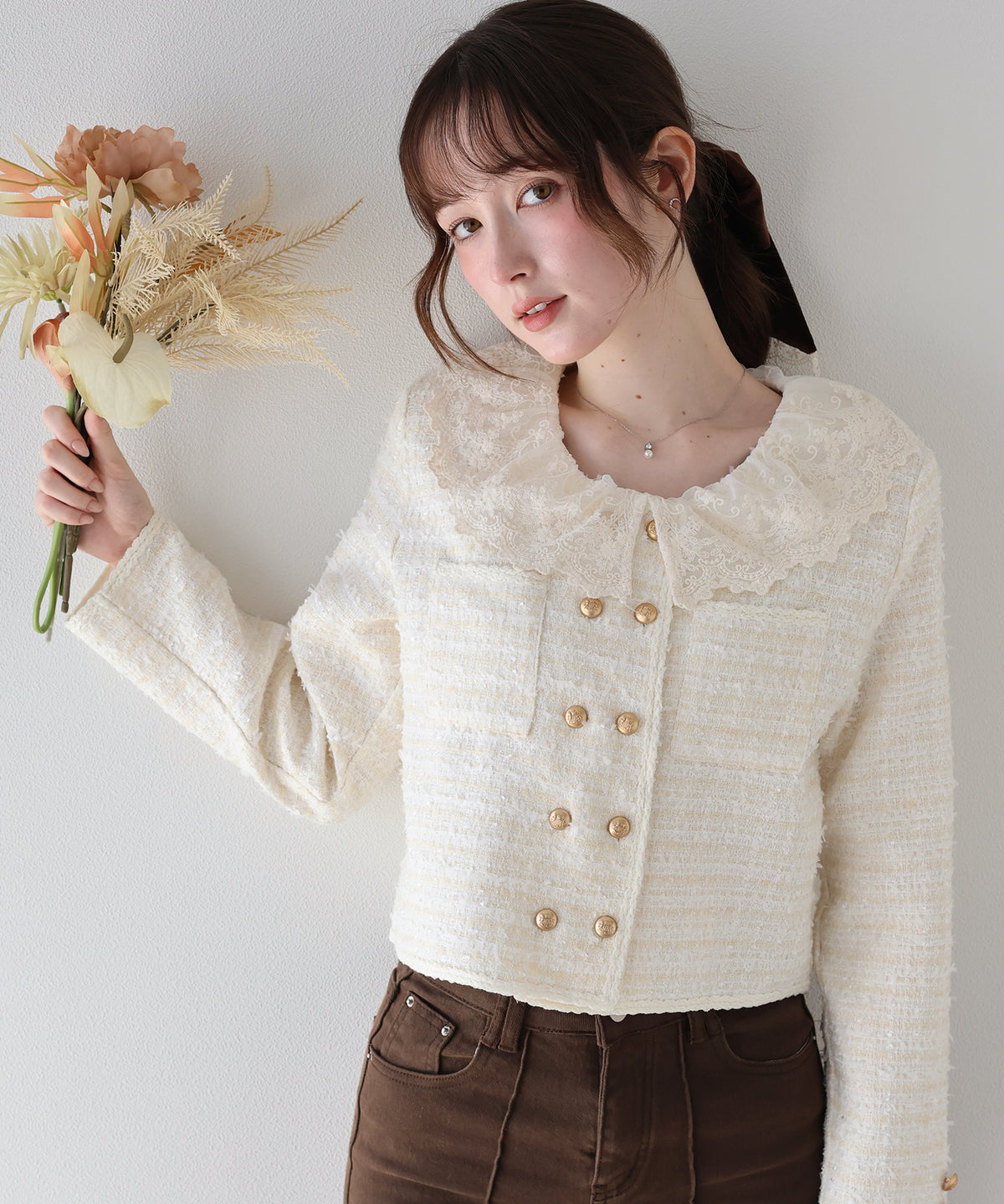 【早割5％OFF】レース襟ツイードジャケット