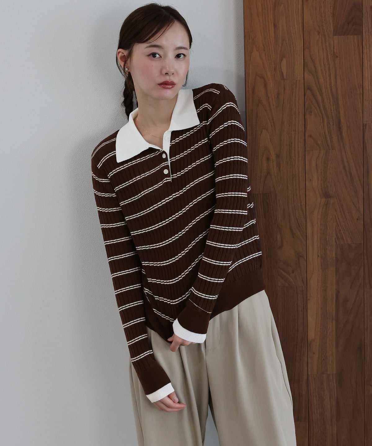 【早割5％OFF】ウール混ポロカラーボーダーニット