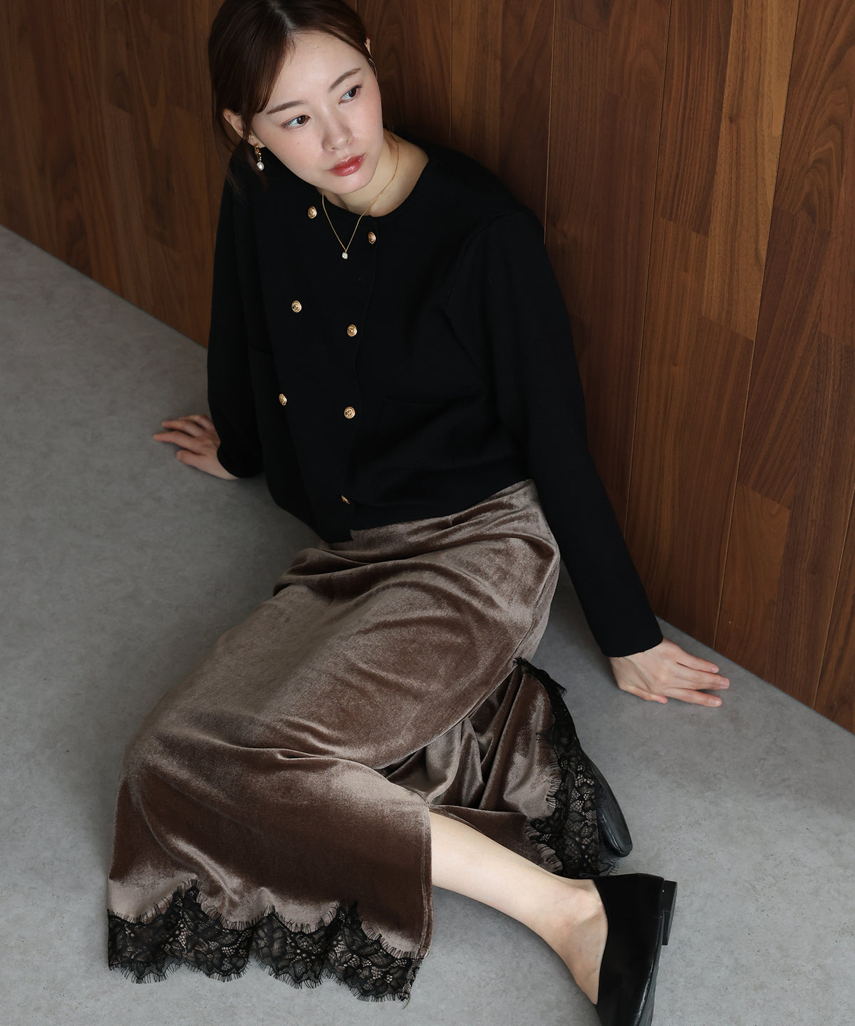 【早割5％OFF】《2サイズ展開》ヘムレースベロアスカート