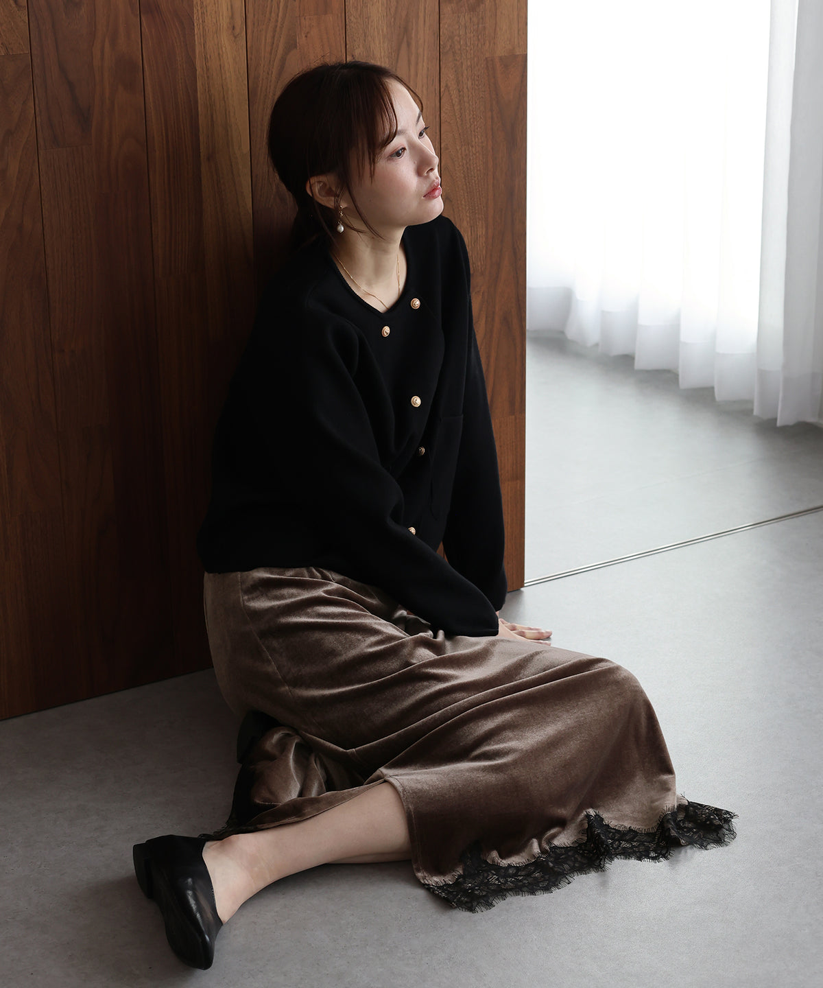 《2サイズ展開》ヘムレースベロアスカート