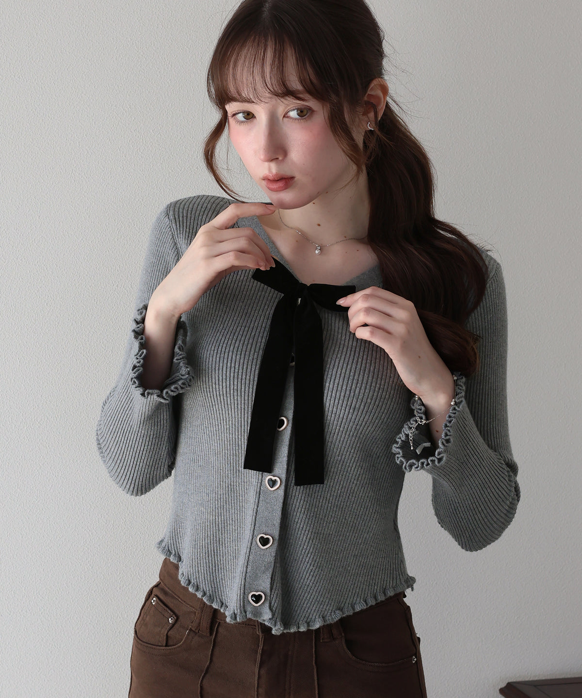 【早割5％OFF】ベロアリボンハートボタンカーディガン