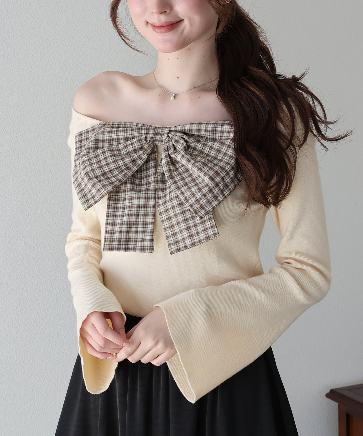【早割5％OFF】チェックリボンオフショル二ット