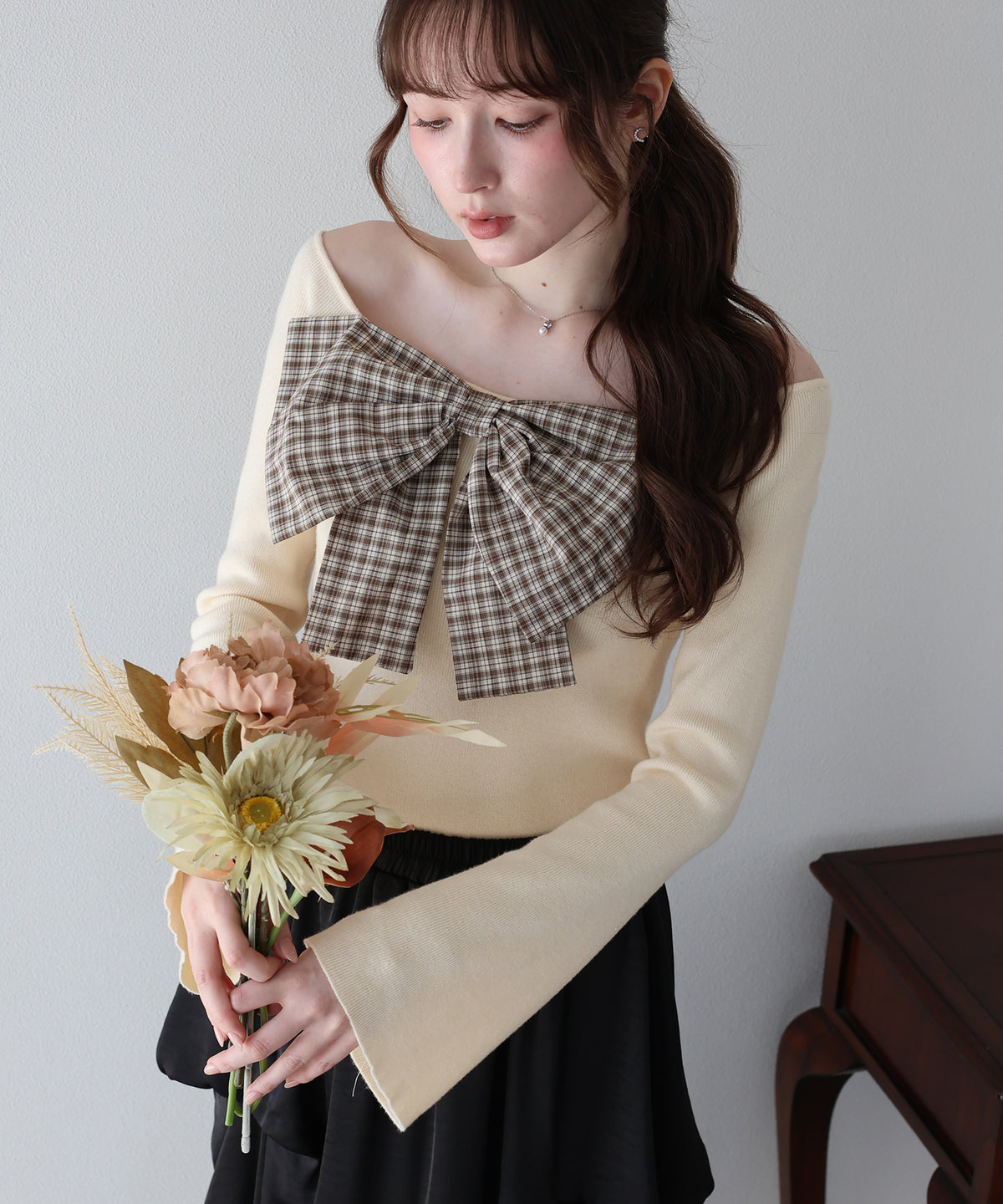 【早割5％OFF】チェックリボンオフショル二ット