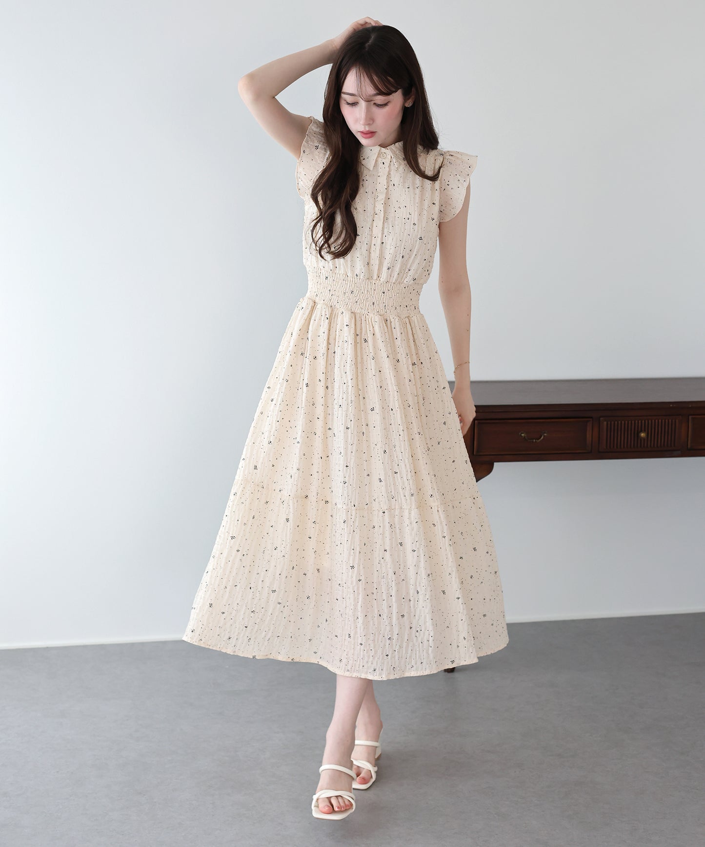シフォンプリントフリルワンピース