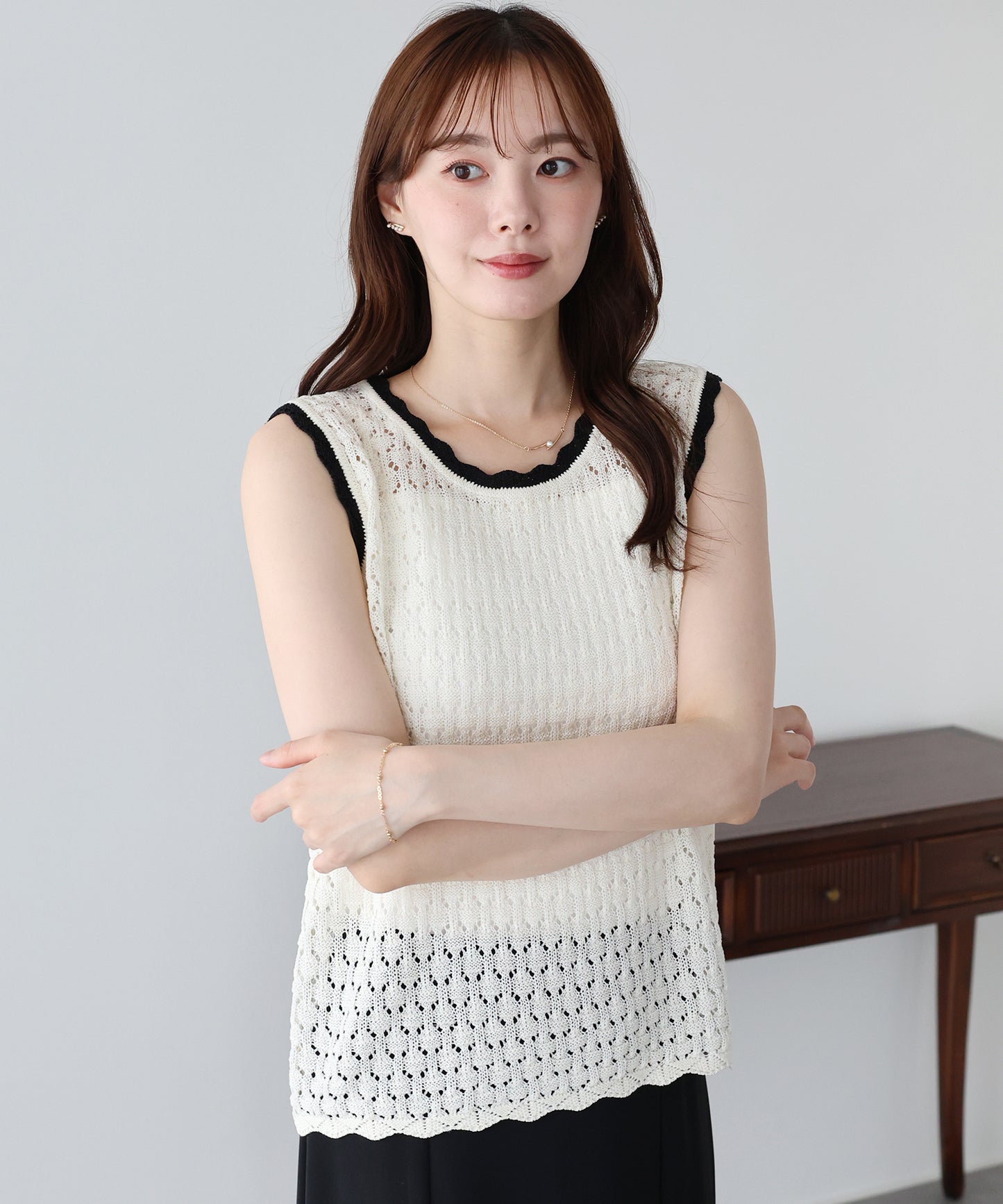 【SALE】バイカラースカラップニットベスト【メール便】