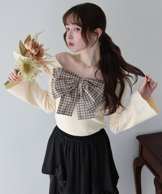 【早割5％OFF】チェックリボンオフショル二ット