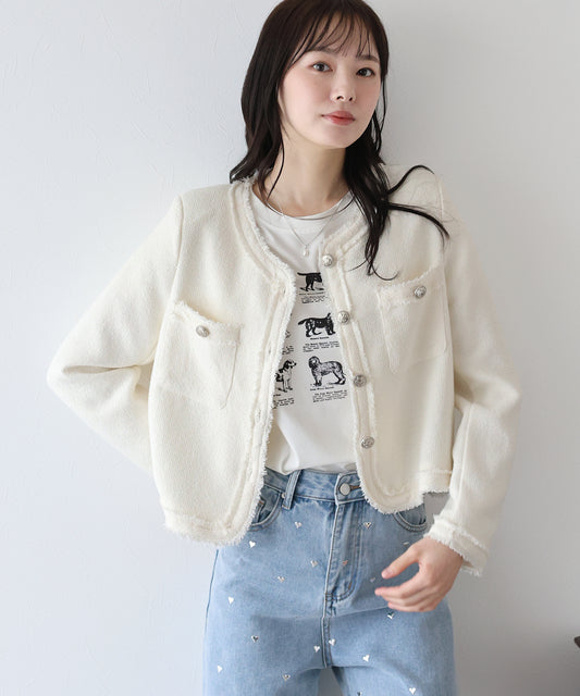 ノーカラーツイードジャケット