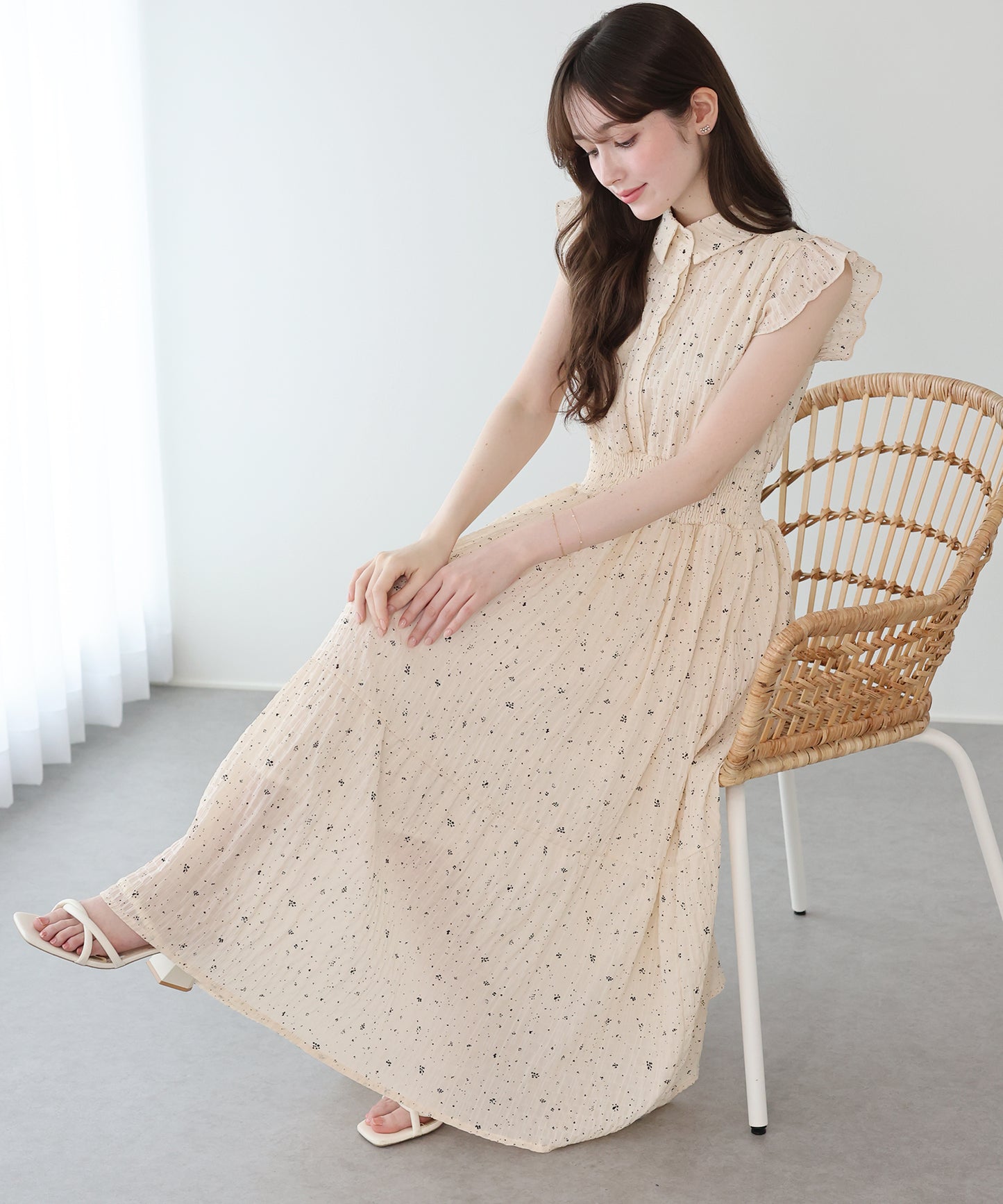 シフォンプリントフリルワンピース