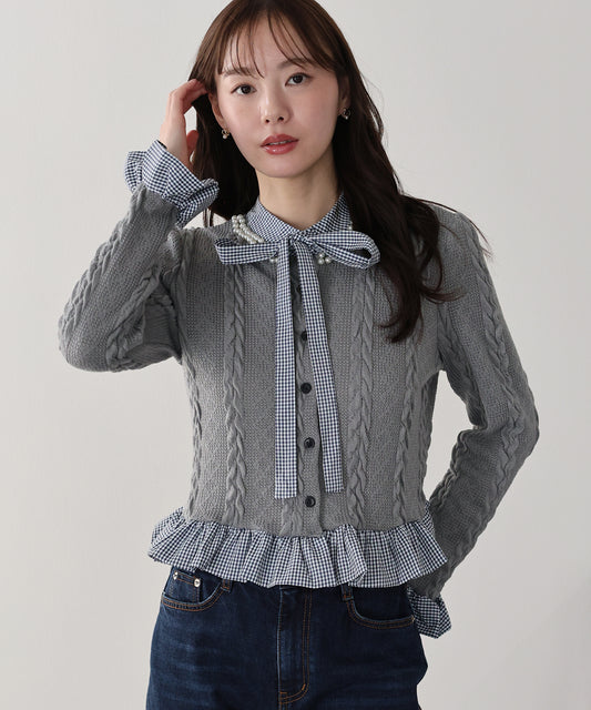 【TIME SALE】ボウタイシャツドッキングカーディガン