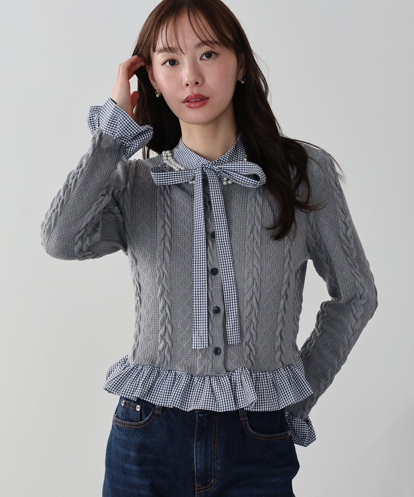 【早割5％OFF】ボウタイシャツドッキングカーディガン