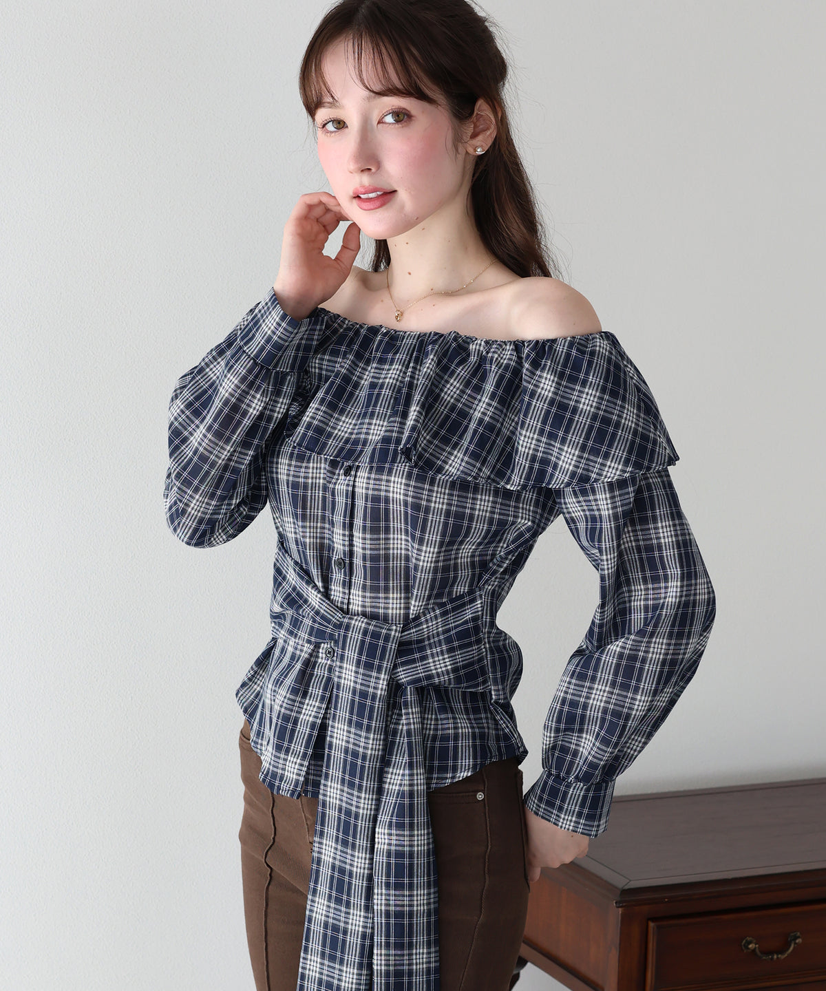 【早割5％OFF】オフショルチェックブラウス【メール便】