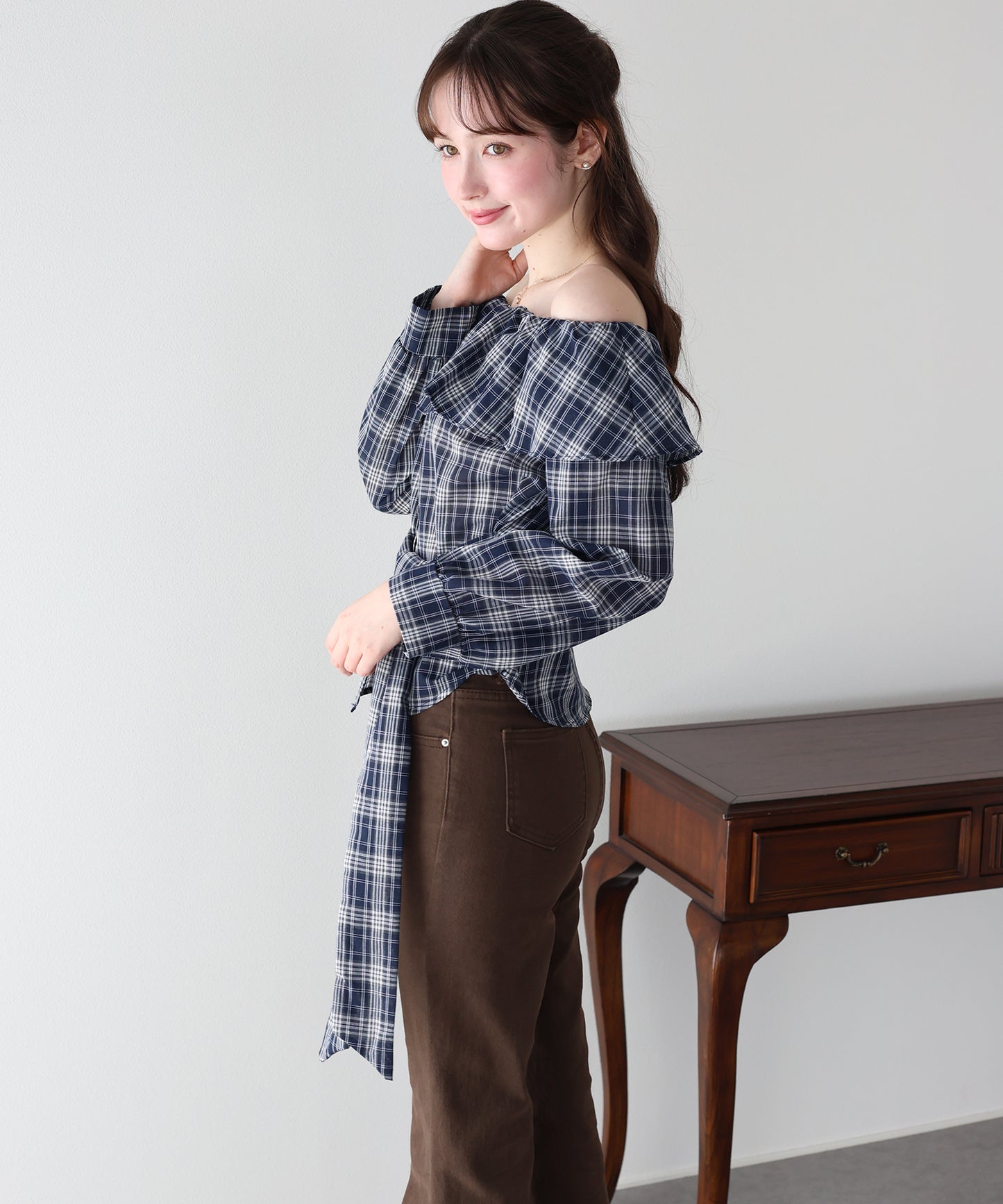 【早割5％OFF】オフショルチェックブラウス【メール便】