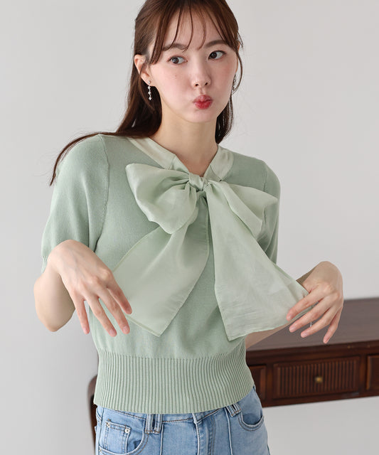 【早割5％OFF】シアーリボンボウタイ半袖ニット