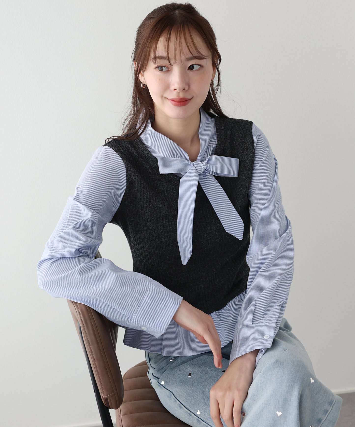 【早割5％OFF】ボウタイシャツドッキングカットソー