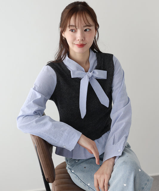 【早割5％OFF】ボウタイシャツドッキングカットソー