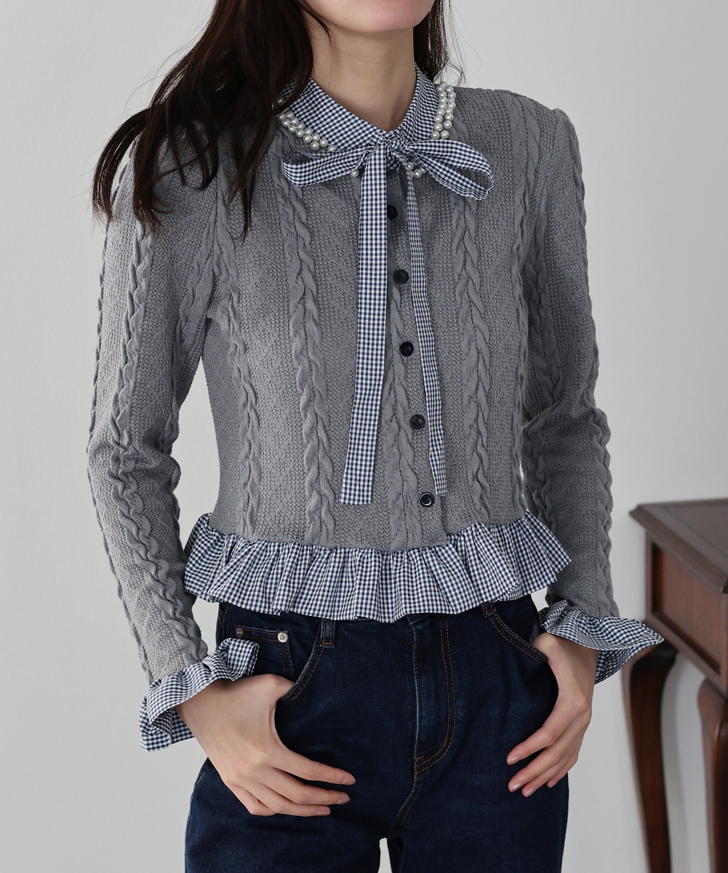 【早割5％OFF】ボウタイシャツドッキングカーディガン